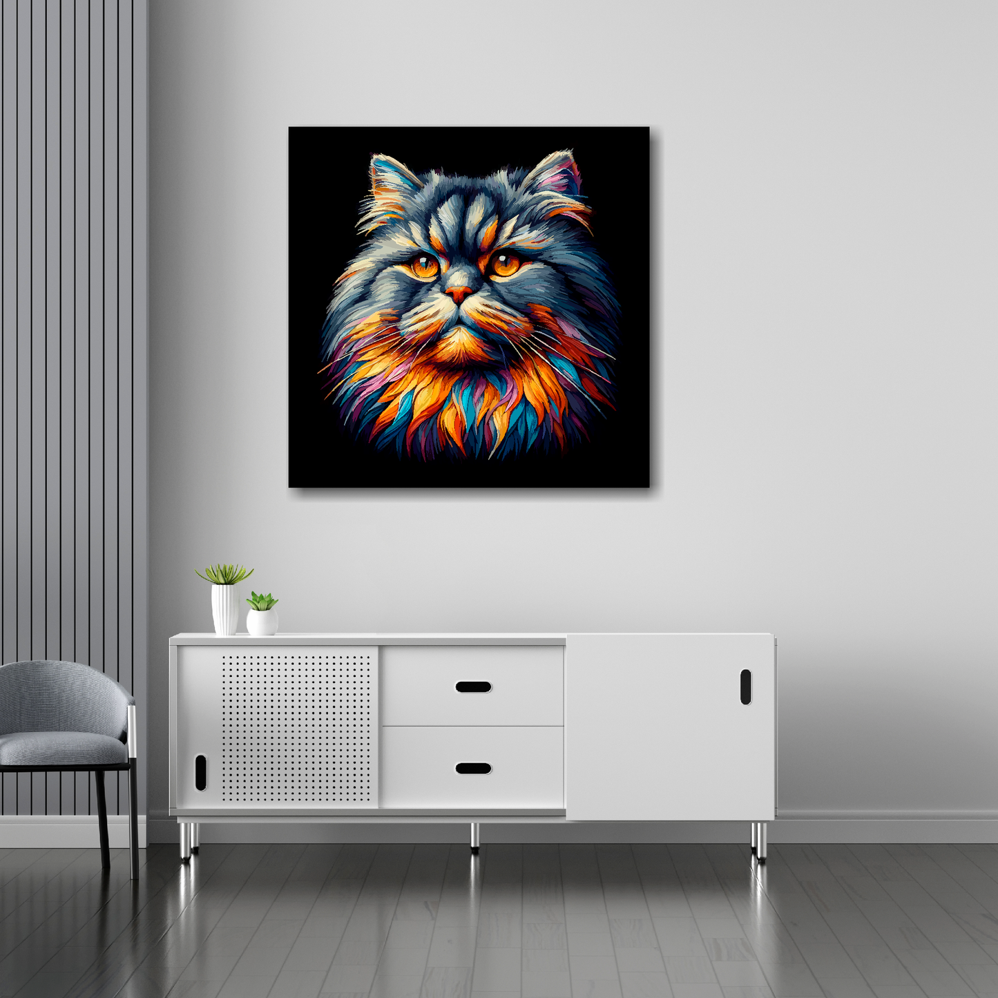 30 inch by 30 inch square canvas of a colourful British Longhair cat head portrait on a black background. Mounted on a white wall above a white sideboard.