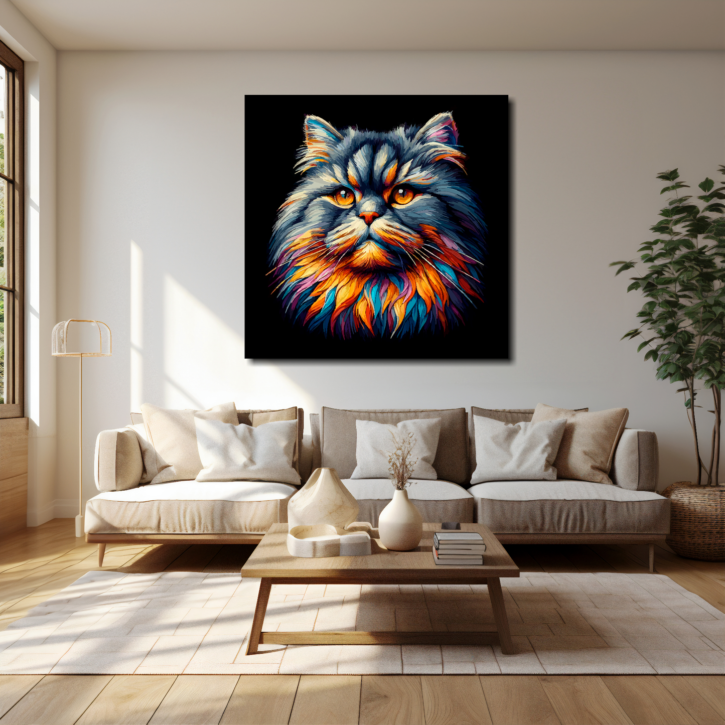 40 inch by 40 inch square canvas of a colourful British longhair cat head portrait on a black background. Mounted on a white wall above a cream sofa with decorative pillows.