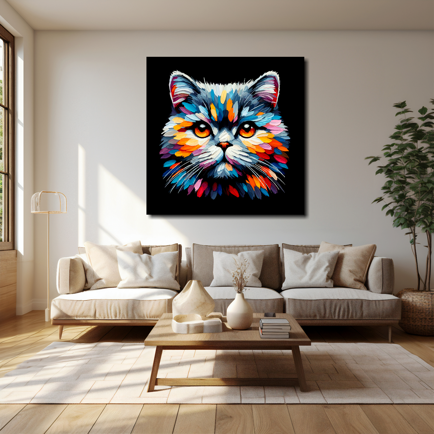 40 inch by 40 inch square canvas of a colourful British shorthair cat head portrait on a black background. Mounted on a white wall above a cream sofa with decorative pillows.