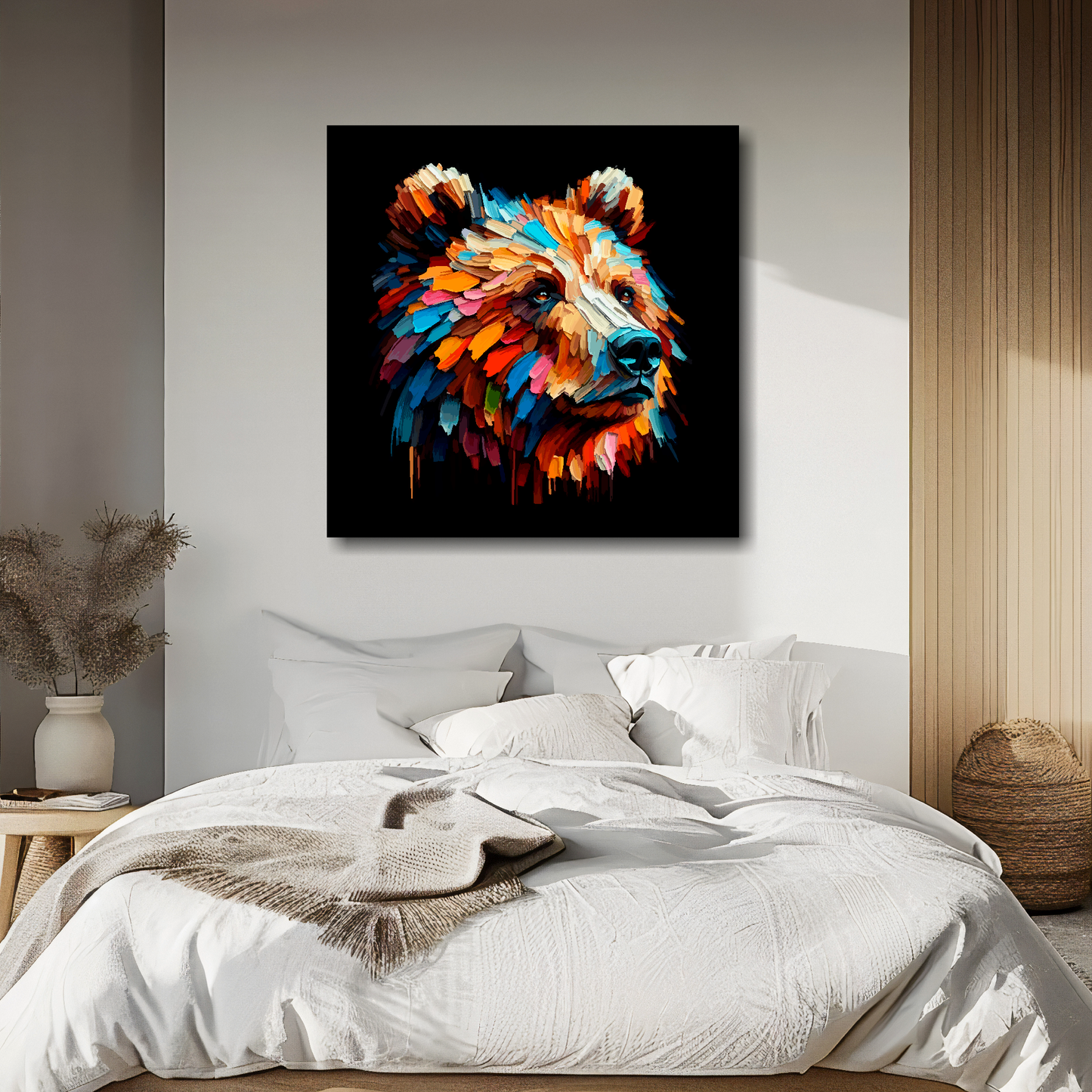 Large canvas wall art - A vibrant multi-coloured head portrait of a Brown Bear. Available in 3 large sizes.