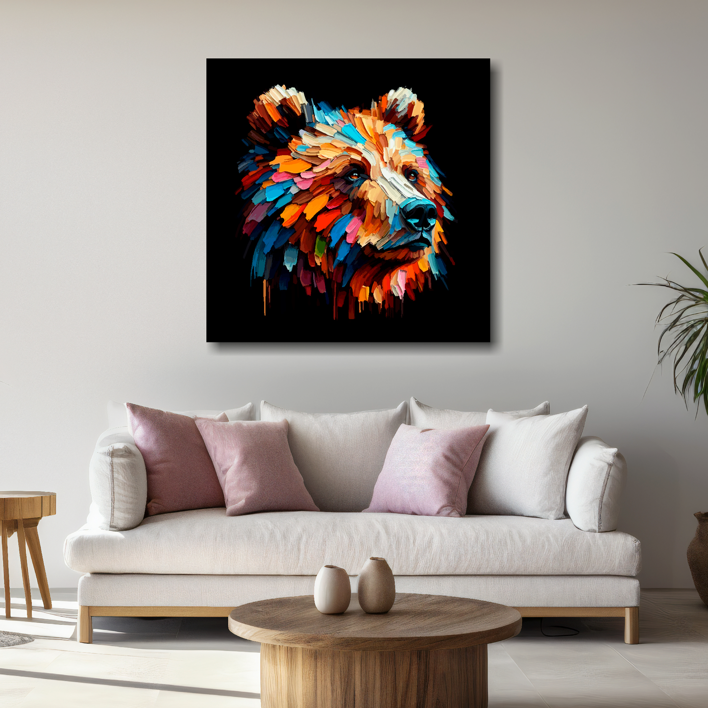 Large canvas wall art - A vibrant multi-coloured head portrait of a Brown Bear. Available in 3 large sizes.