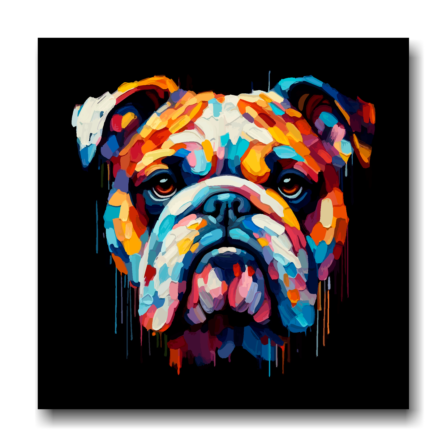Large canvas wall art - A vibrant multi-coloured head portrait of a Bulldog. Available in 3 large sizes.