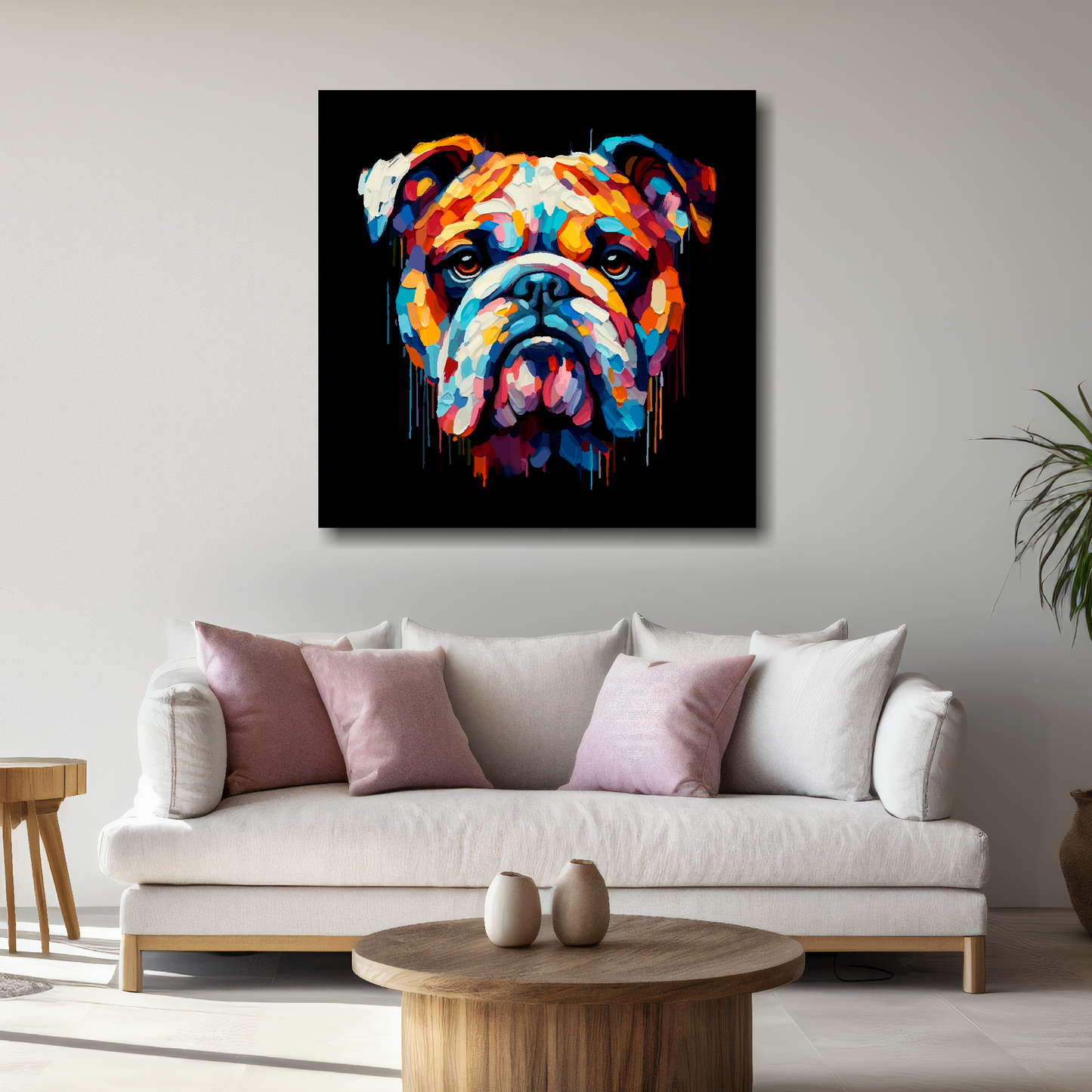 Large canvas wall art - A vibrant multi-coloured head portrait of a Bulldog. Available in 3 large sizes.