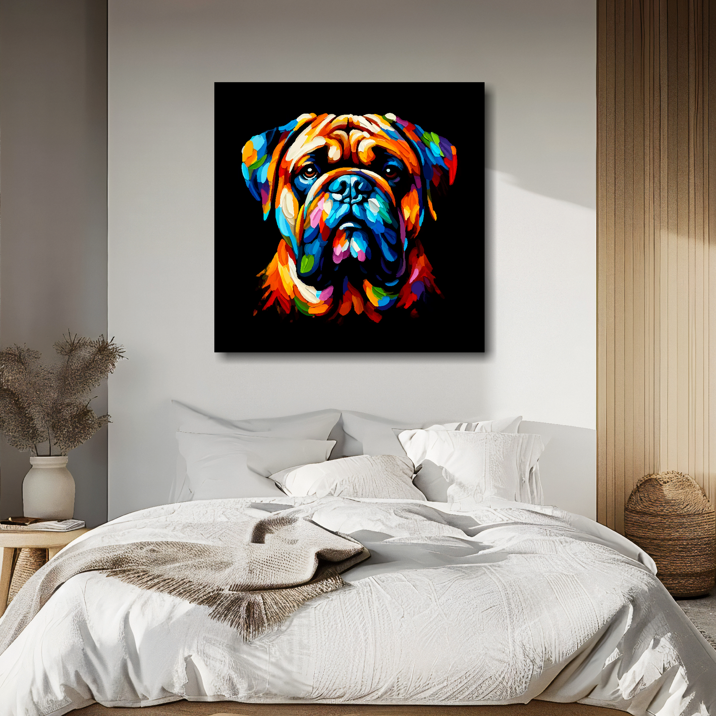 Large canvas wall art - A vibrant multi-coloured head portrait of a Bullmastiff. Available in 3 large sizes.