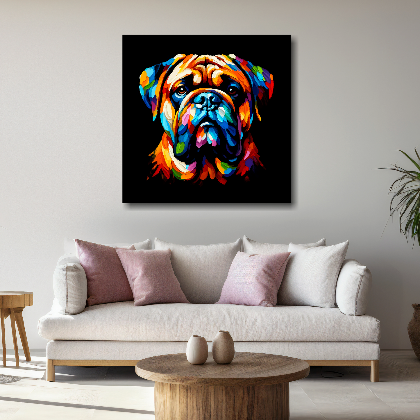 Large canvas wall art - A vibrant multi-coloured head portrait of a Bullmastiff. Available in 3 large sizes.