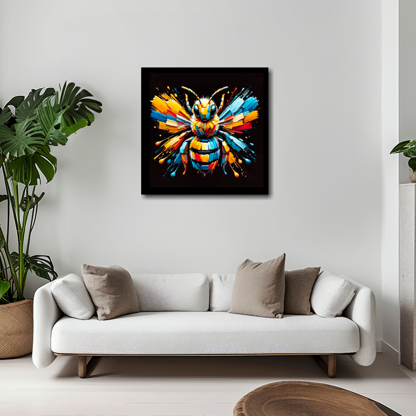 20 inch by 20 inch square canvas of a colourful Bumble Bee portrait on a black background. Mounted on a white wall above a white sofa with decorative pillows.