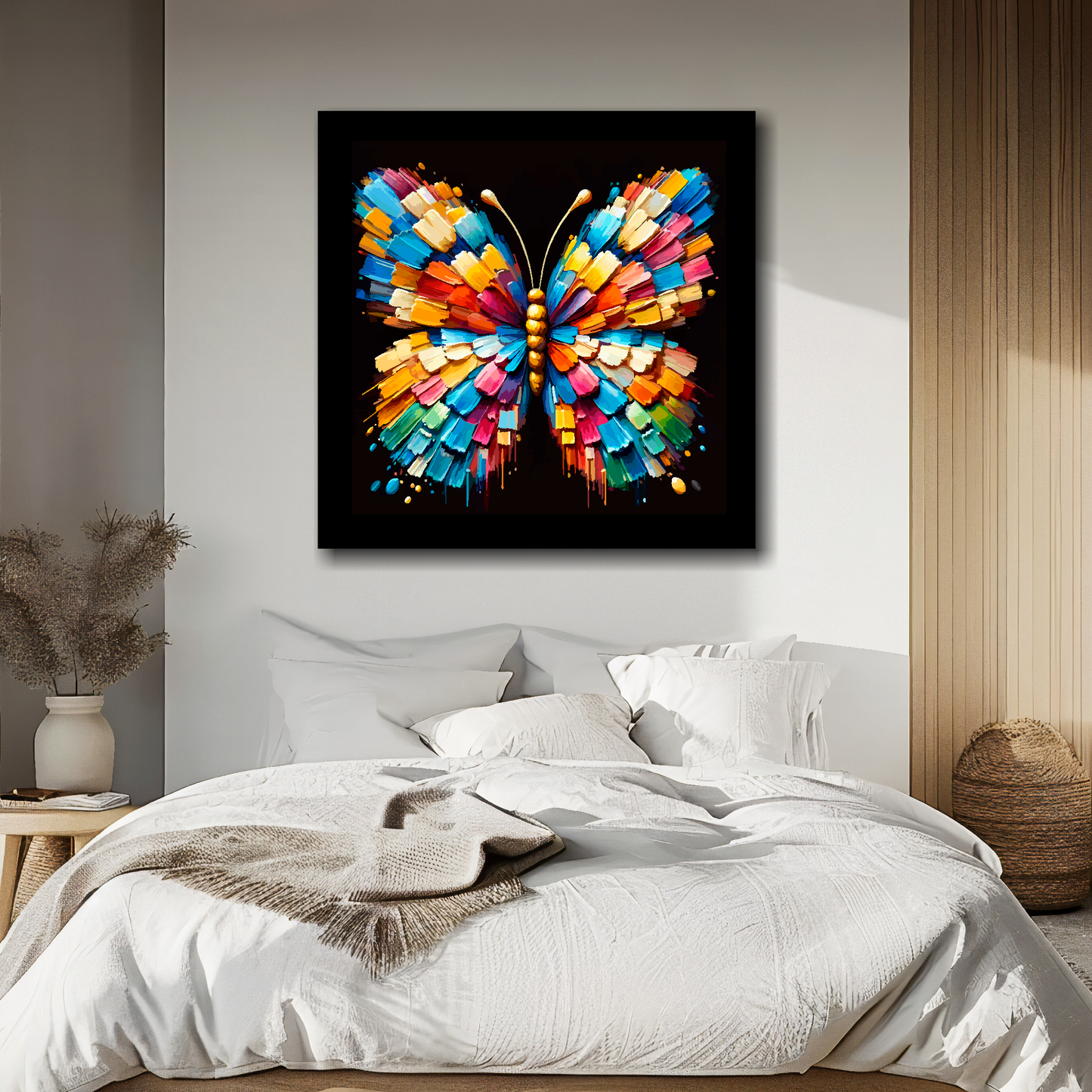 Large canvas print of a vibrant, multi-coloured butterfly on a black background, available in 3 sizes.
