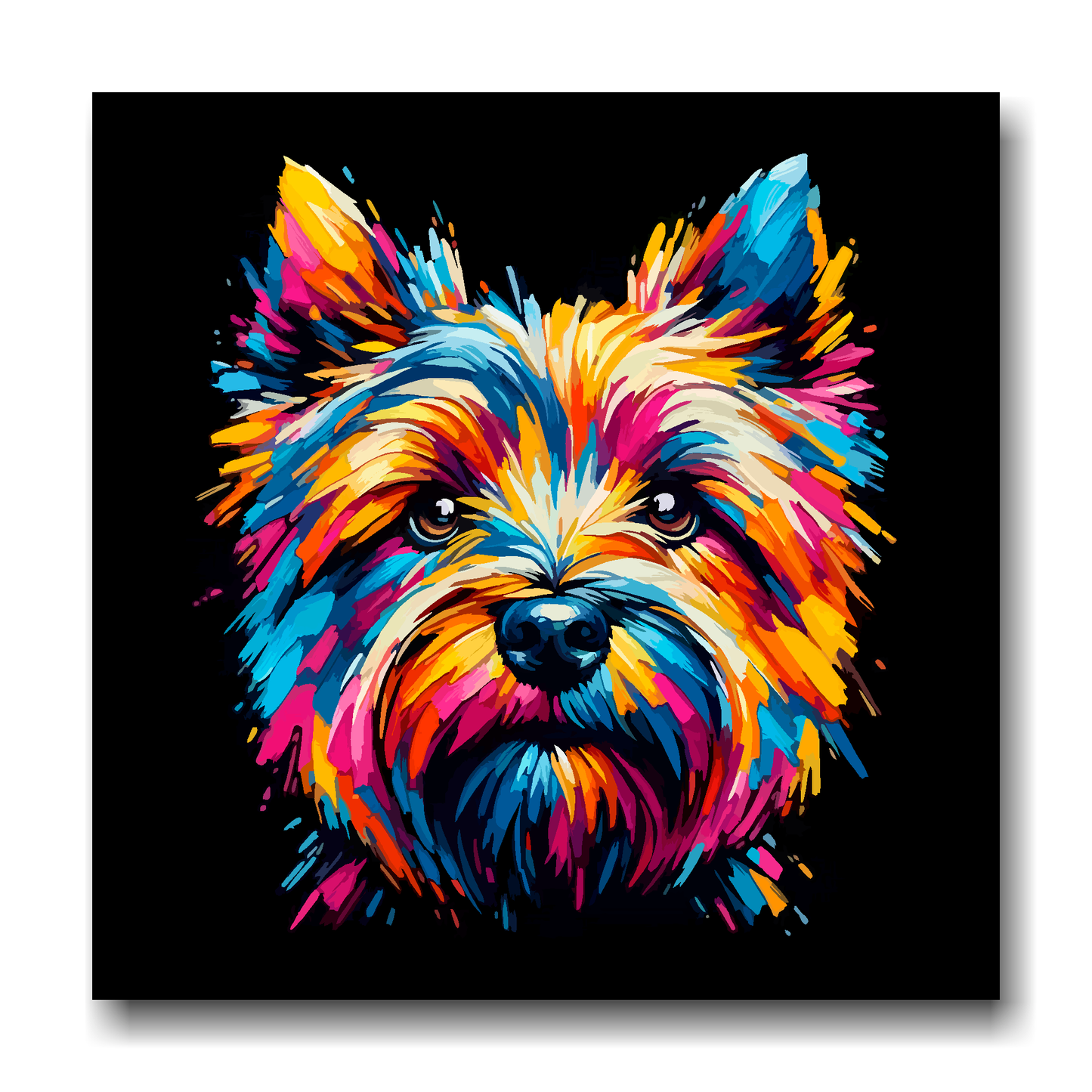 Large canvas wall art - A vibrant multi-coloured head portrait of a Cairn Terrier. Available in 3 large sizes.