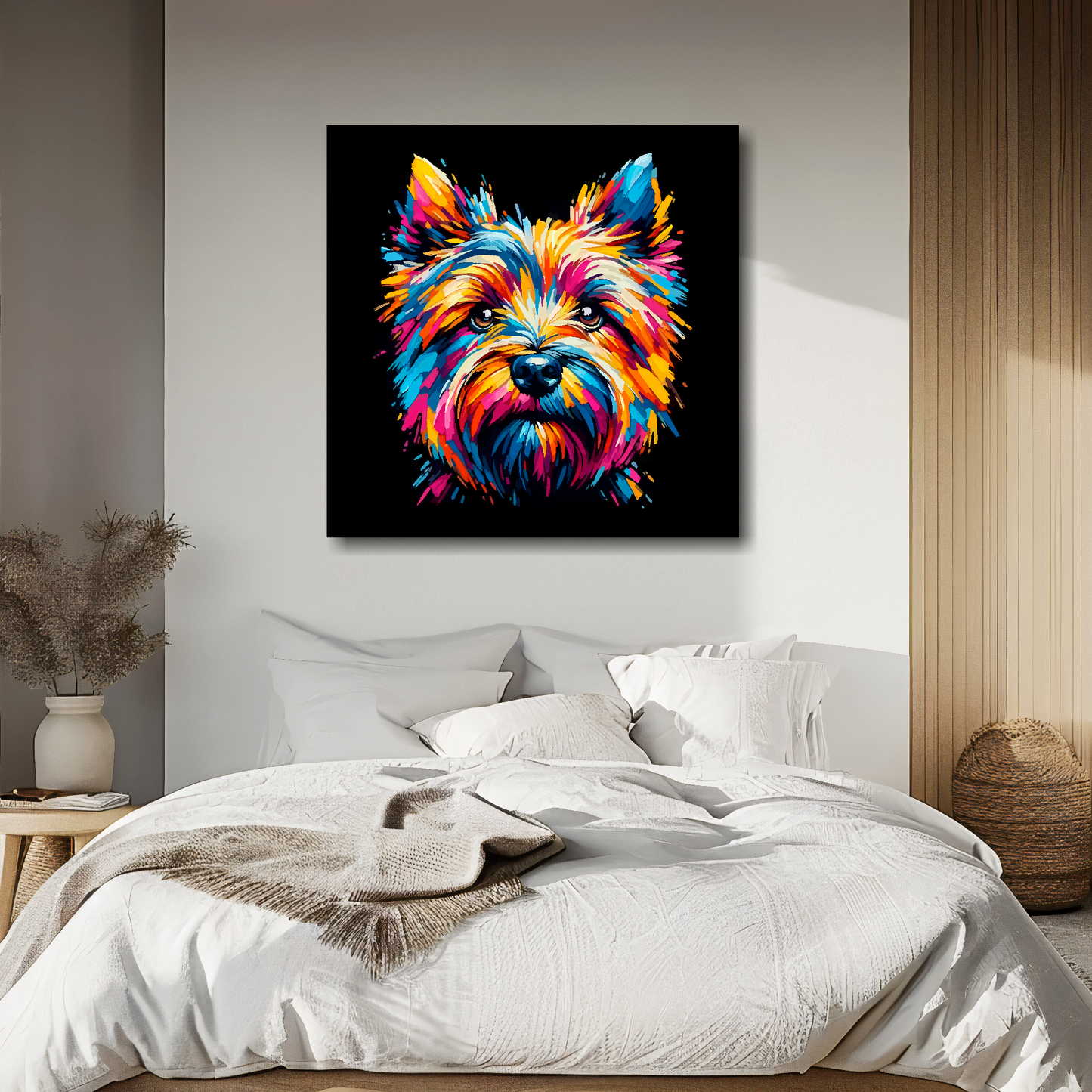 Large canvas wall art - A vibrant multi-coloured head portrait of a Cairn Terrier. Available in 3 large sizes.