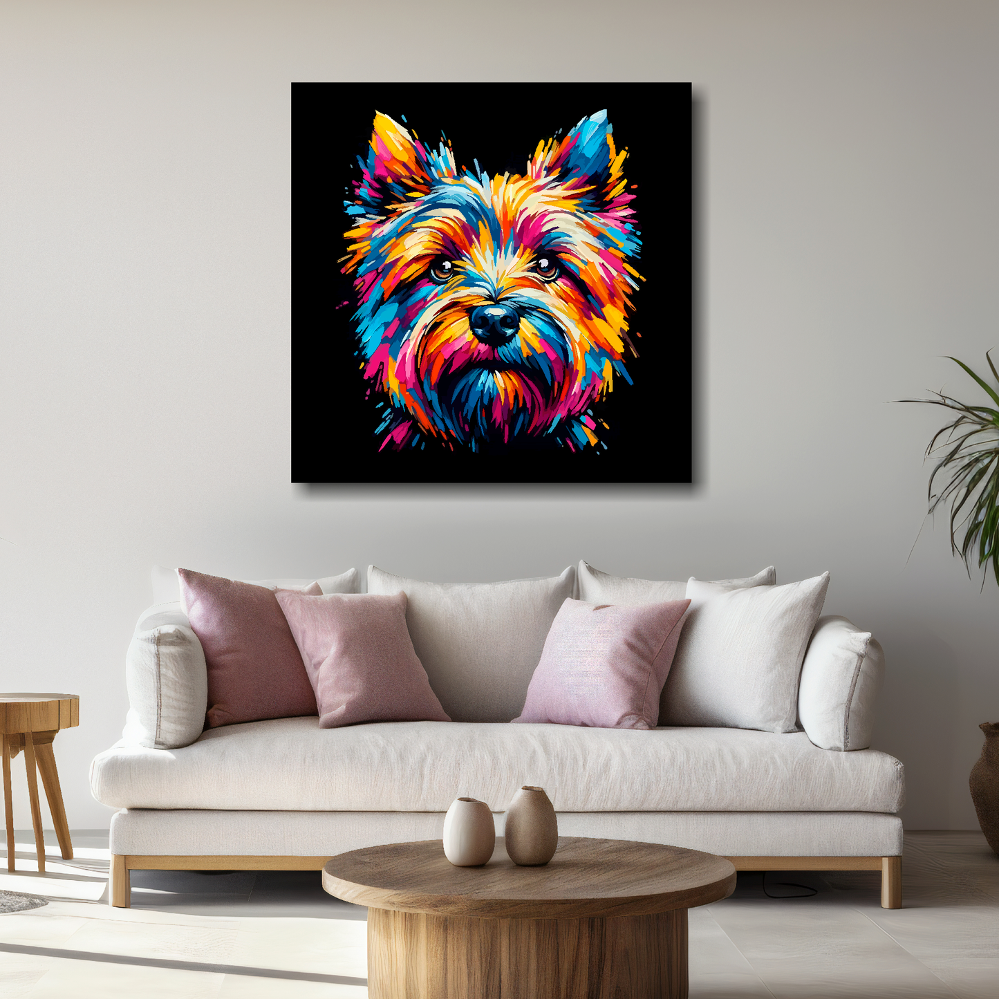 Large canvas wall art - A vibrant multi-coloured head portrait of a Cairn Terrier. Available in 3 large sizes.
