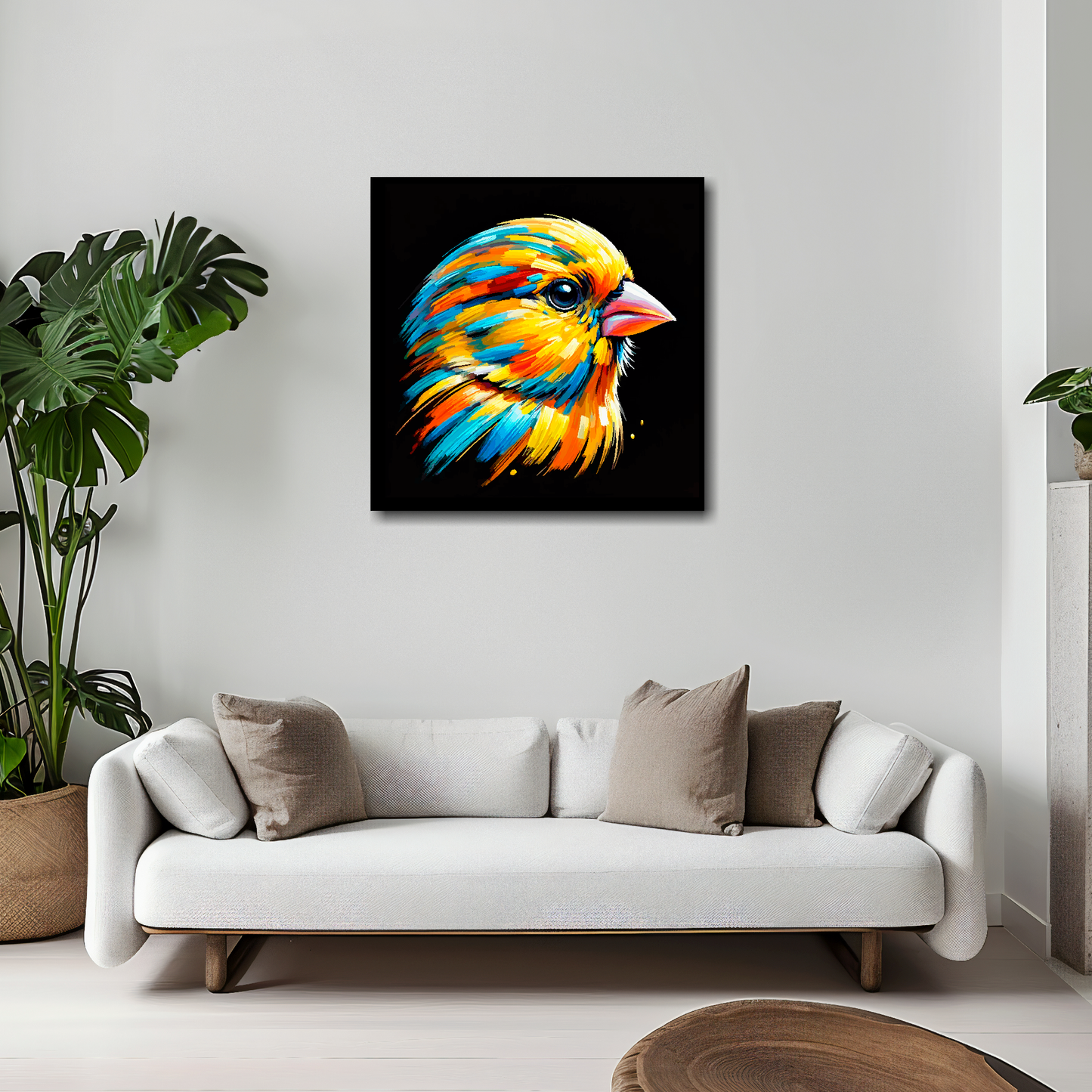 20 inch by 20 inch square canvas of a colourful Canary portrait on a black background. Mounted on a white wall above a white sofa with decorative pillows.