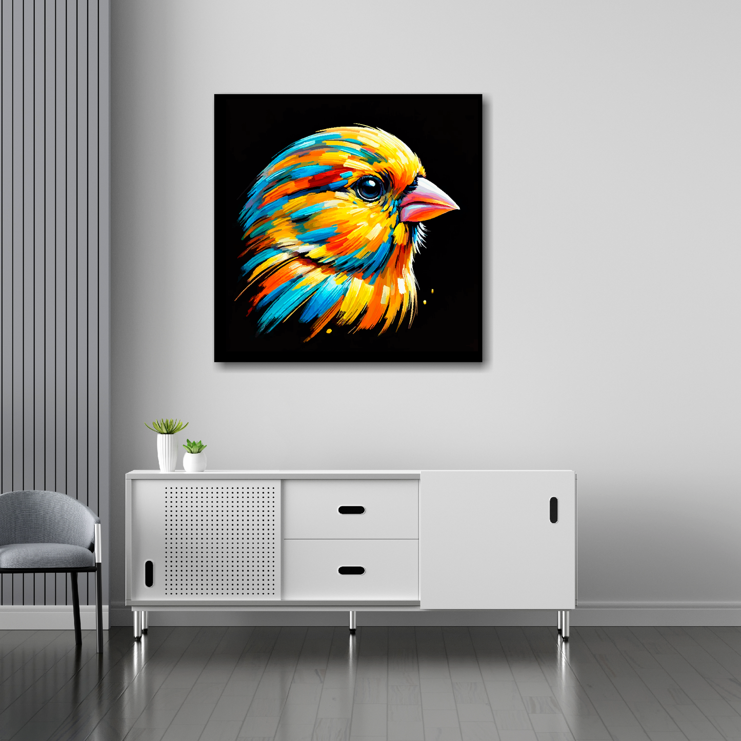 30 inch by 30 inch square canvas of a colourful Canary portrait on a black background. Mounted on a white wall above a white sideboard.