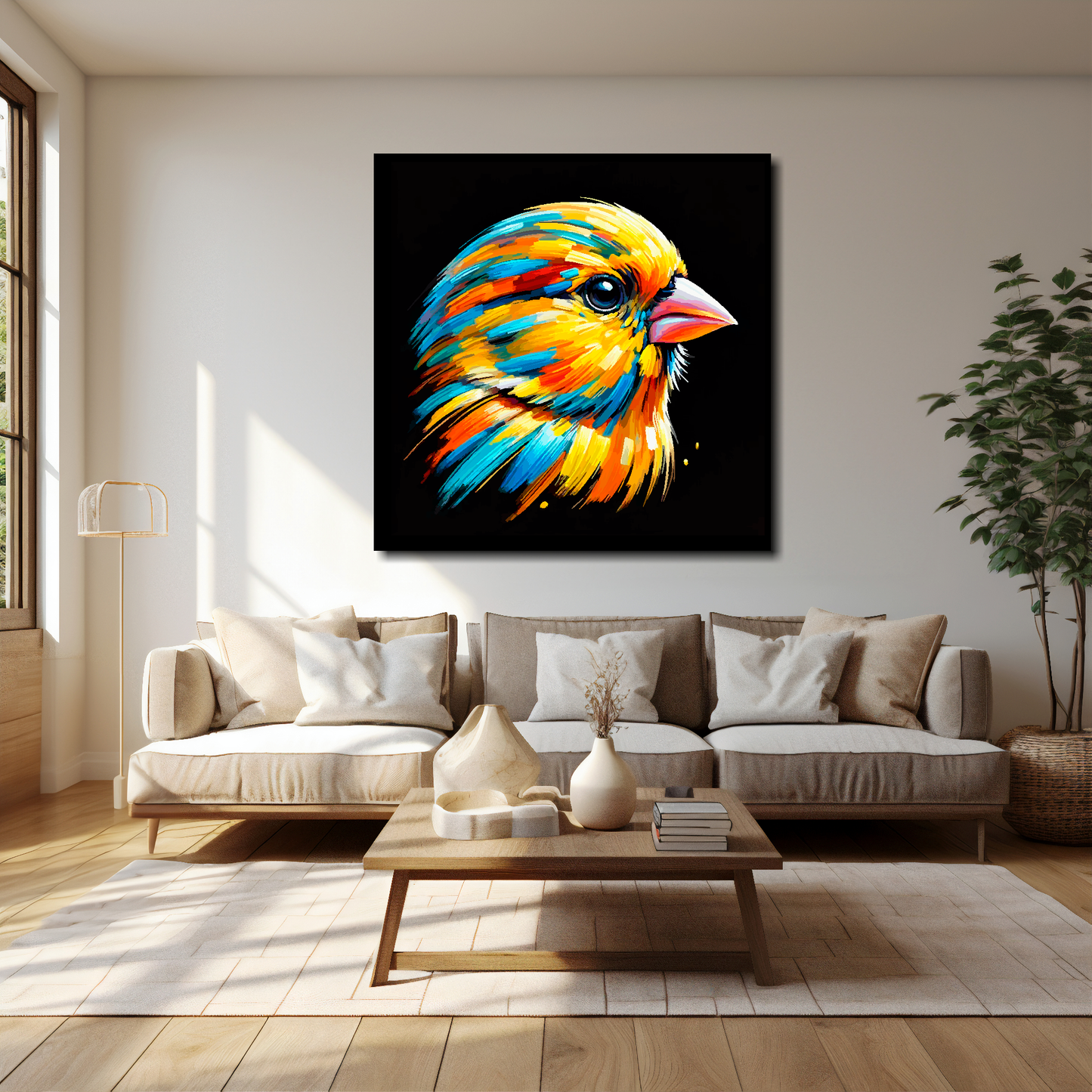 40 inch by 40 inch square canvas of a colourful Canary portrait on a black background. Mounted on a white wall above a cream sofa with decorative pillows.