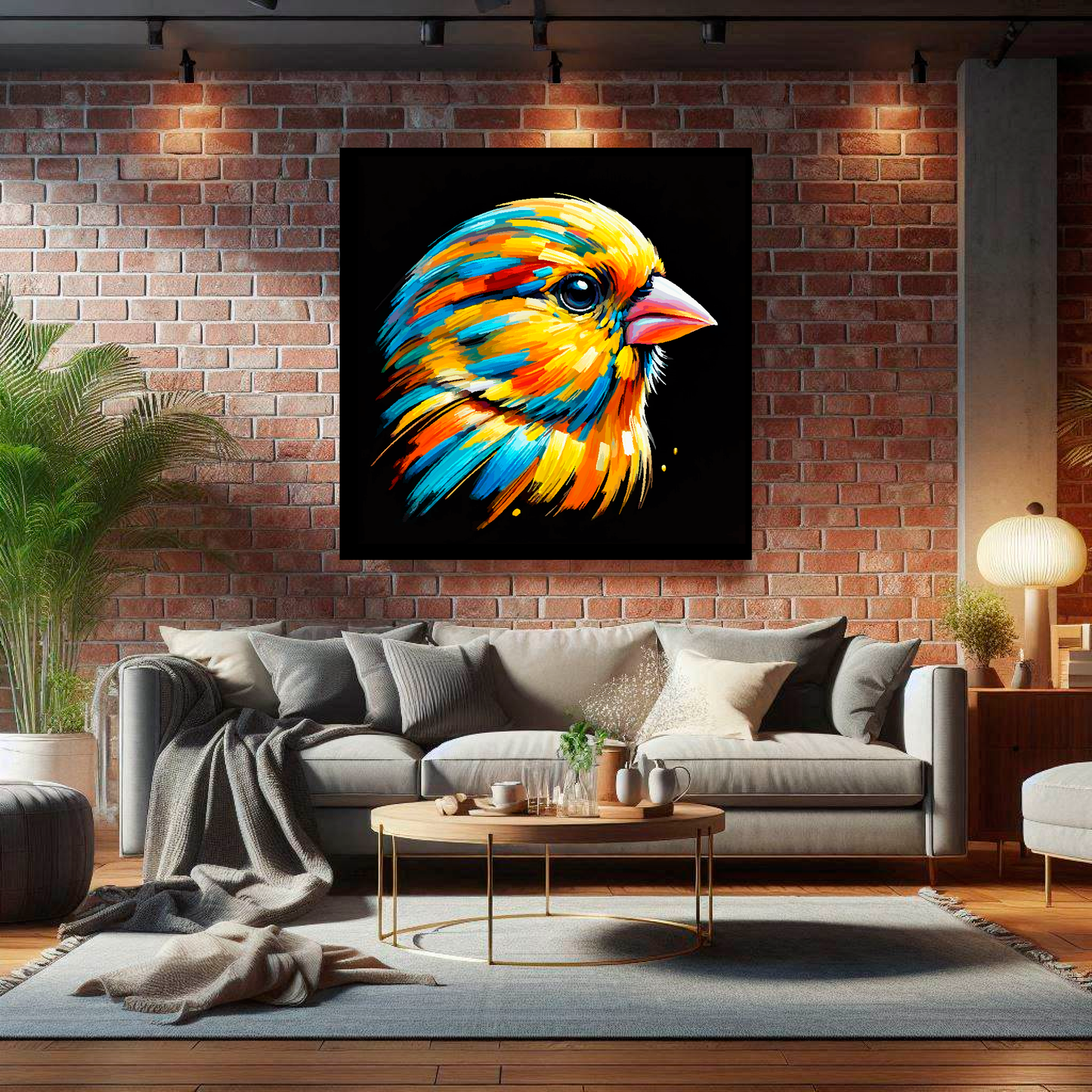 Large canvas wall art - A vibrant multi-coloured head portrait of a Canary. Available in 3 large sizes.