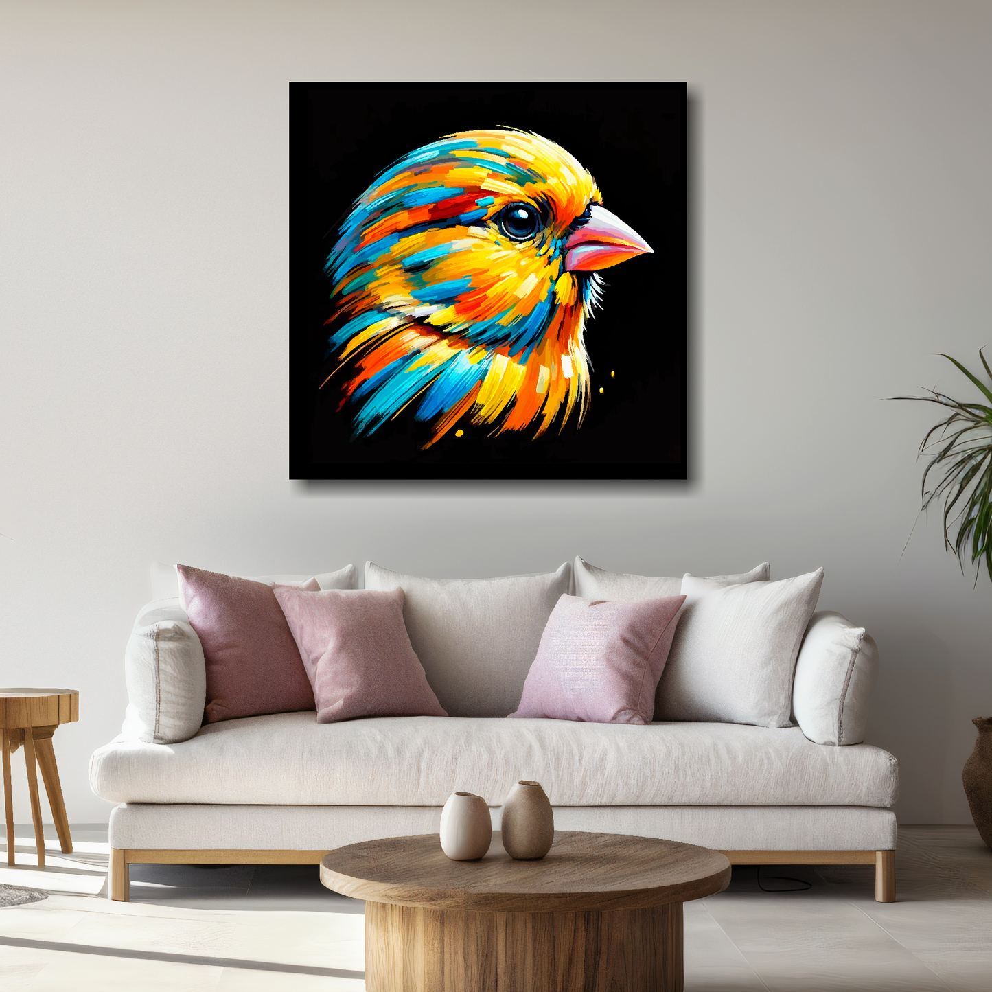 Large canvas wall art - A vibrant multi-coloured head portrait of a Canary. Available in 3 large sizes.