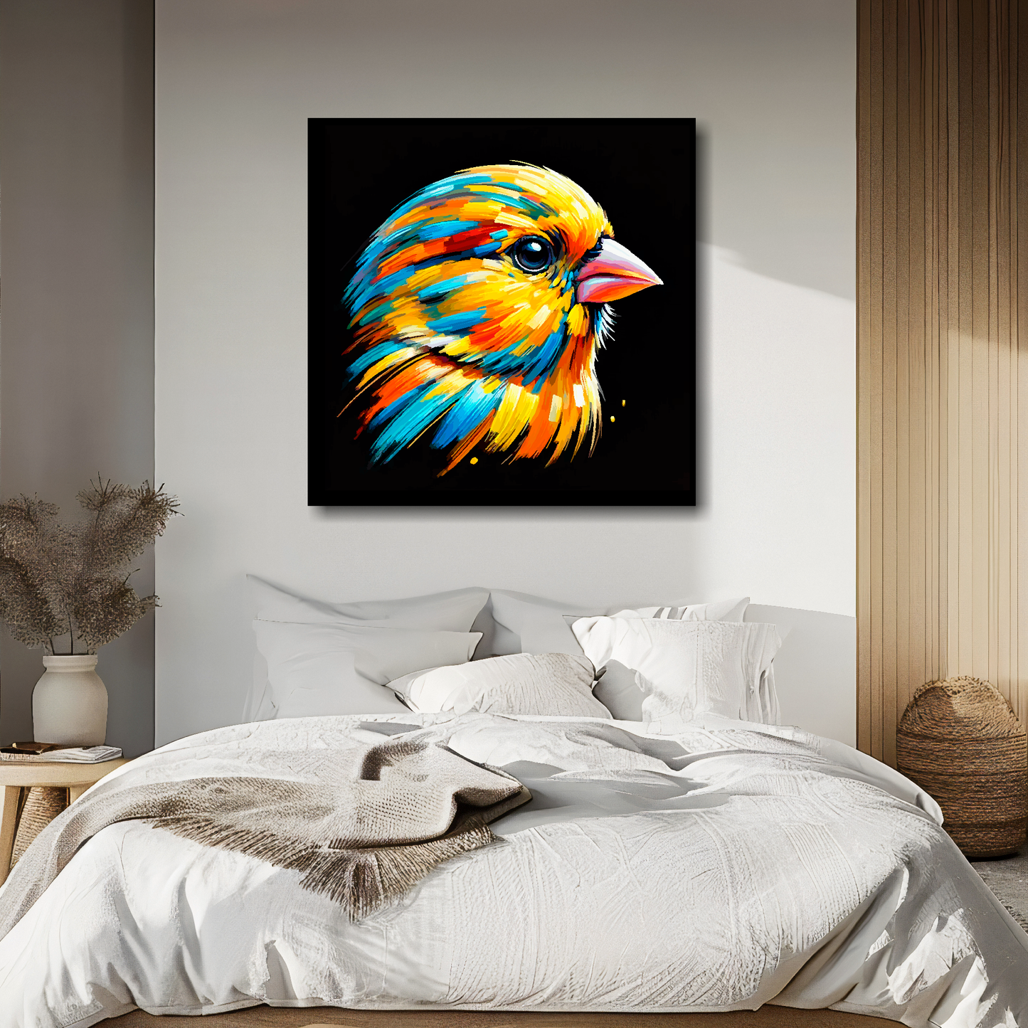 Large canvas wall art - A vibrant multi-coloured head portrait of a Canary. Available in 3 large sizes.