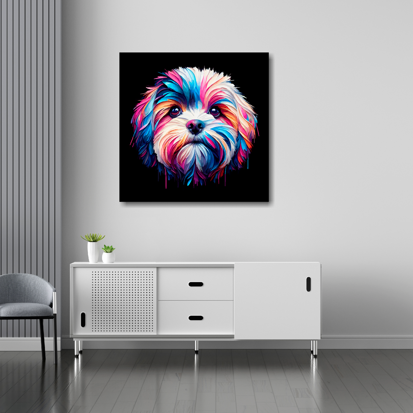 30 inch by 30 inch canvas print featuring a multi-coloured Cavachon dog portrait. Mounted on a white wall above a white sideboard.
