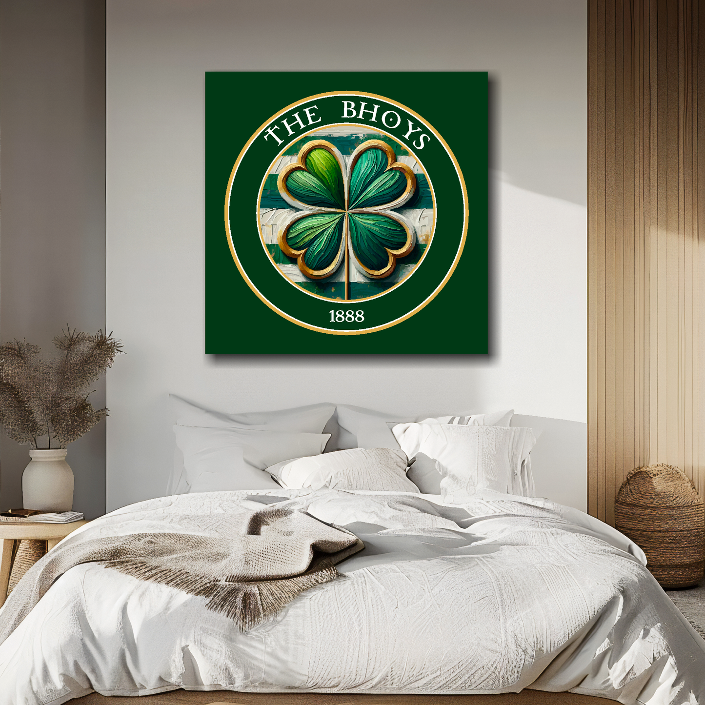 Celtic FC inspired XL canvas, featuring a large clover badge on a green background. Mounted on a white wall above a double bed.