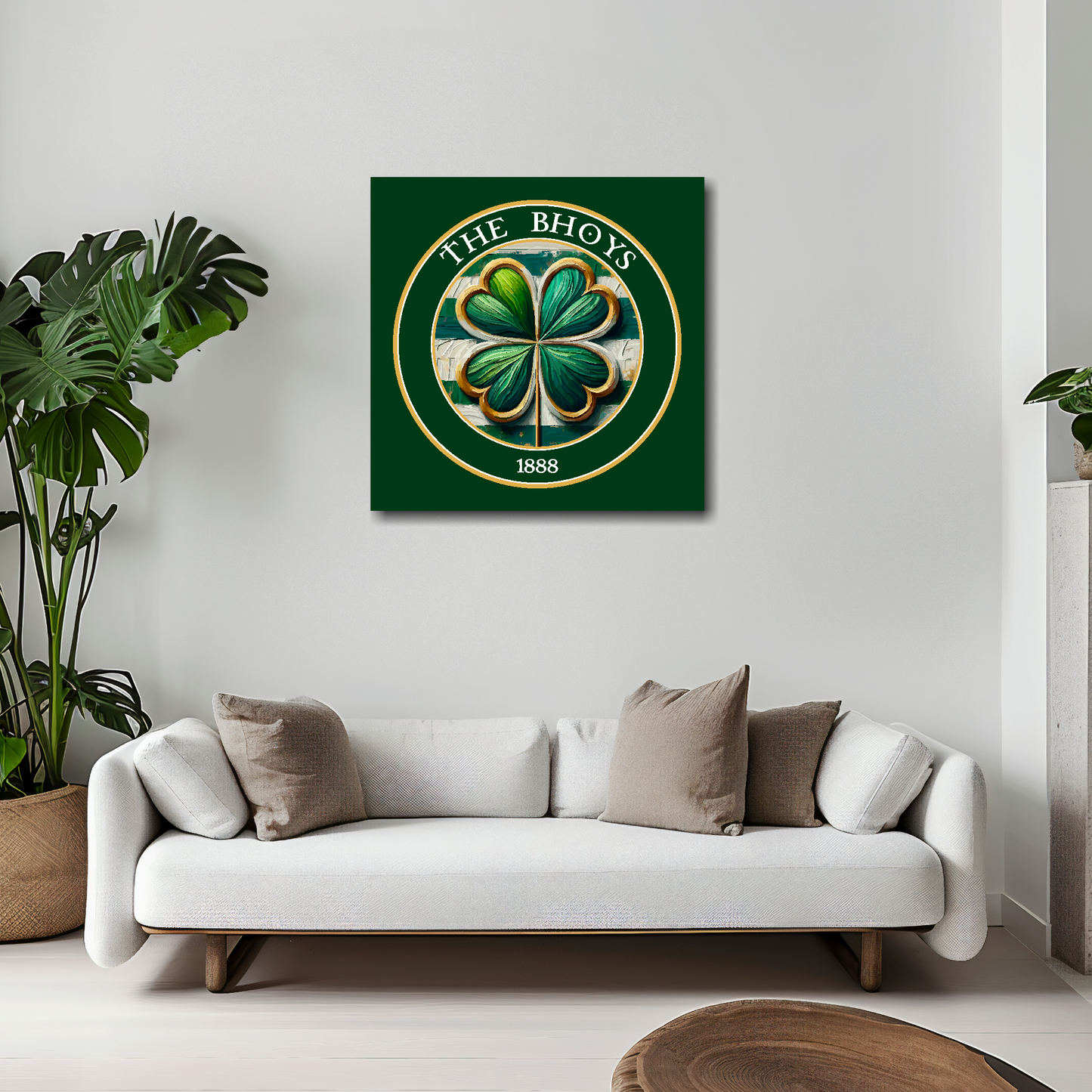 20 inch by 20 inch Celtic inspired canvas, mounted on a living room wall above a white sofa, featuring a four-leaf clover and 'The Bhoys' text.