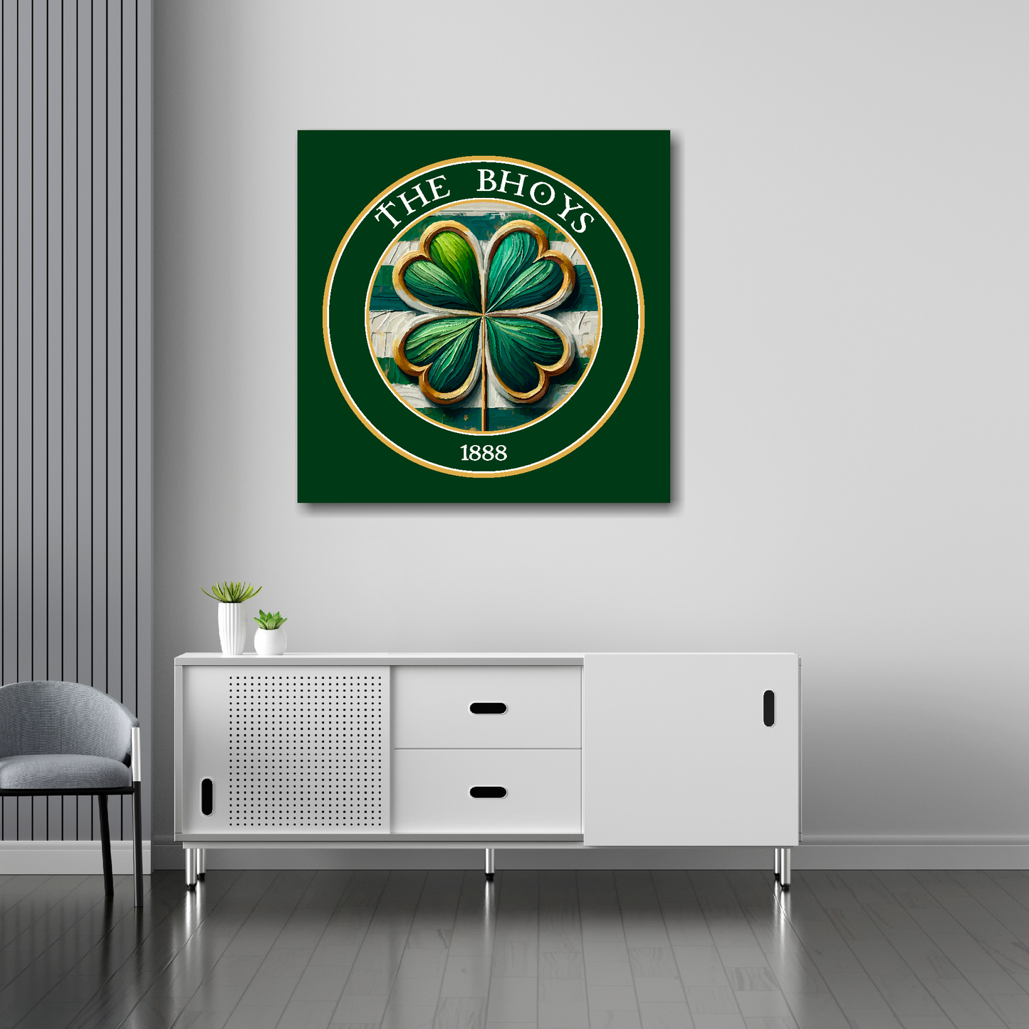 30 inch by 30 inch Celtic inspired canvas, mounted on a living room wall above a white sideboard, featuring a four-leaf clover and 'The Bhoys' 1888 text.