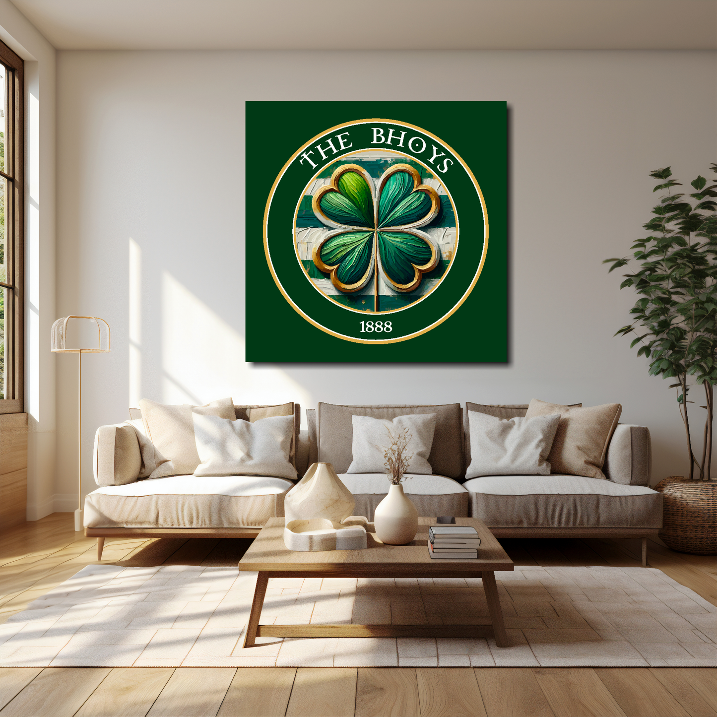 40 inch by 40 inch Celtic inspired canvas, mounted on a living room wall above a cream sofa, featuring a four-leaf clover and 'The Bhoys' 1888 text.