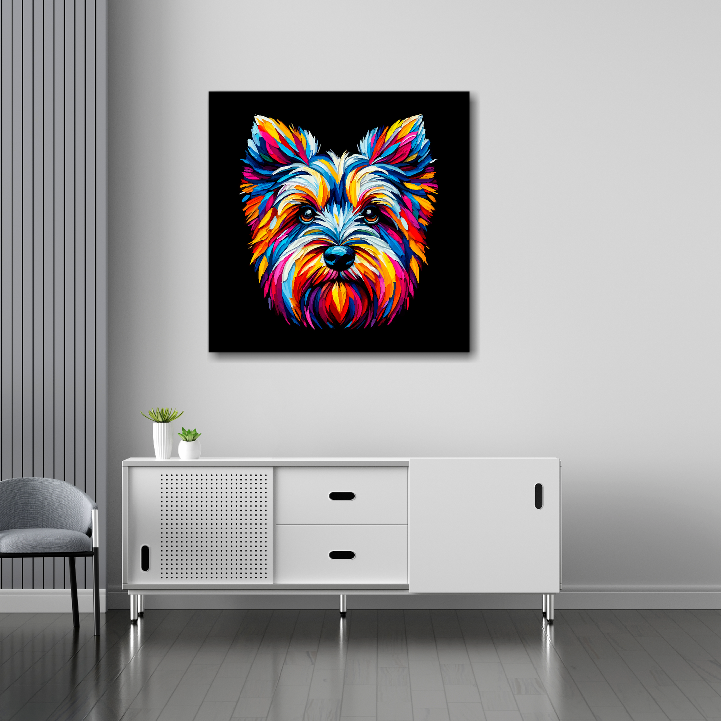 30 inch by 30 inch square canvas of a colourful Cesky Terrier head portrait on a black background. Mounted on a white wall above a white sideboard.
