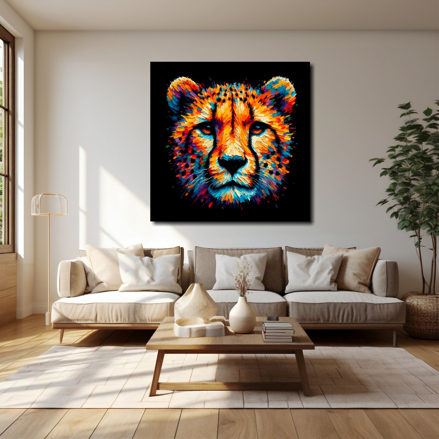 40 inch by 40 inch square canvas of a colourful Cheetah portrait on a black background. Mounted on a white wall above a cream sofa with decorative pillows.
