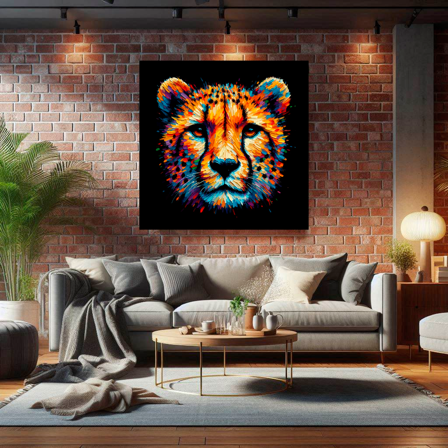 Large canvas wall art - A vibrant multi-coloured head portrait of a Cheetah. Available in 3 large sizes.