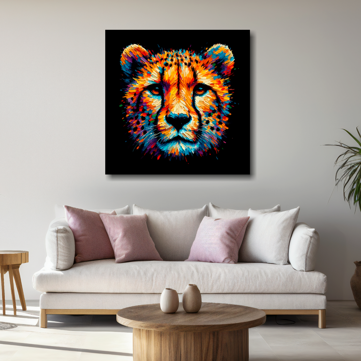 Large canvas wall art - A vibrant multi-coloured head portrait of a Cheetah. Available in 3 large sizes.