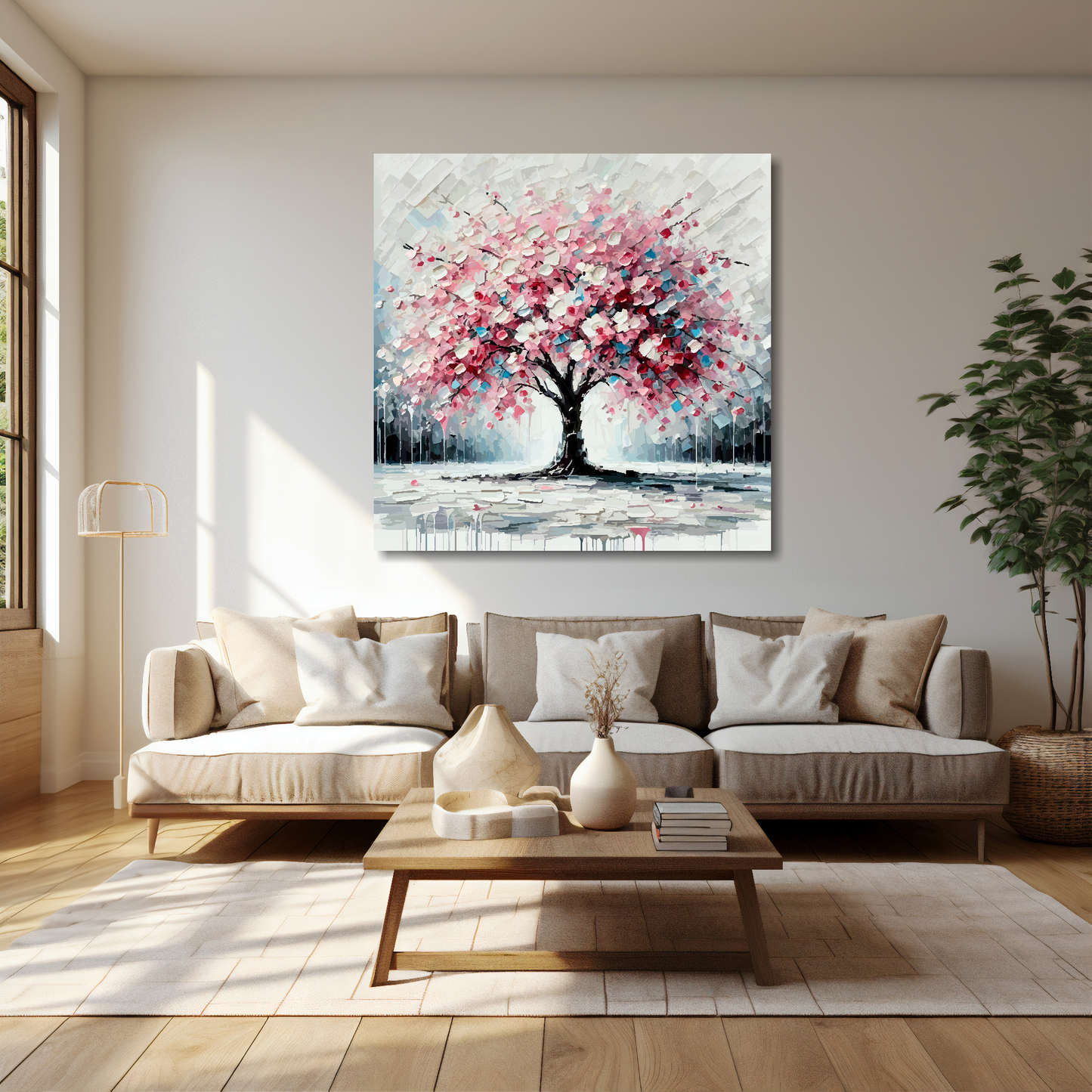 40 inch by 40 inch square canvas featuring a Cherry Blossom Tree. Mounted on a cream wall above a cream sofa with decorative pillows.
