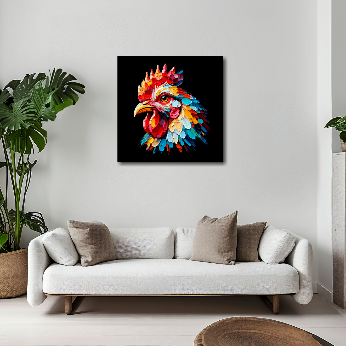 20 inch by 20 inch square canvas of a colourful Chicken portrait on a black background. Mounted on a white wall above a white sofa with decorative pillows.