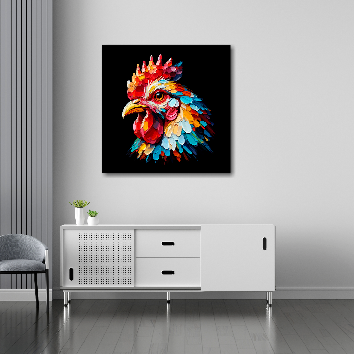 30 inch by 30 inch square canvas of a colourful Chicken portrait on a black background. Mounted on a white wall above a white sideboard.
