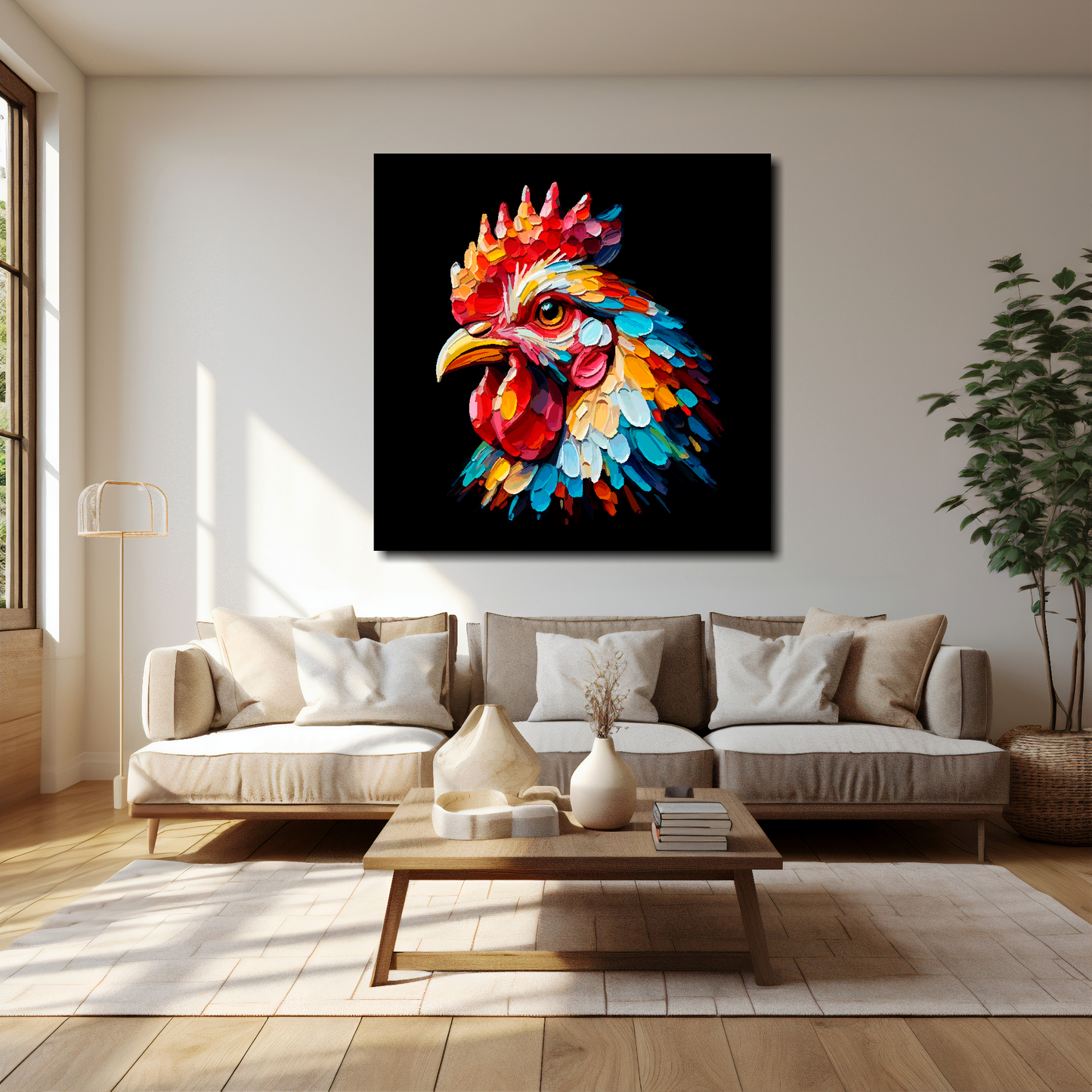 40 inch by 40 inch square canvas of a colourful Chicken portrait on a black background. Mounted on a white wall above a cream sofa with decorative pillows.