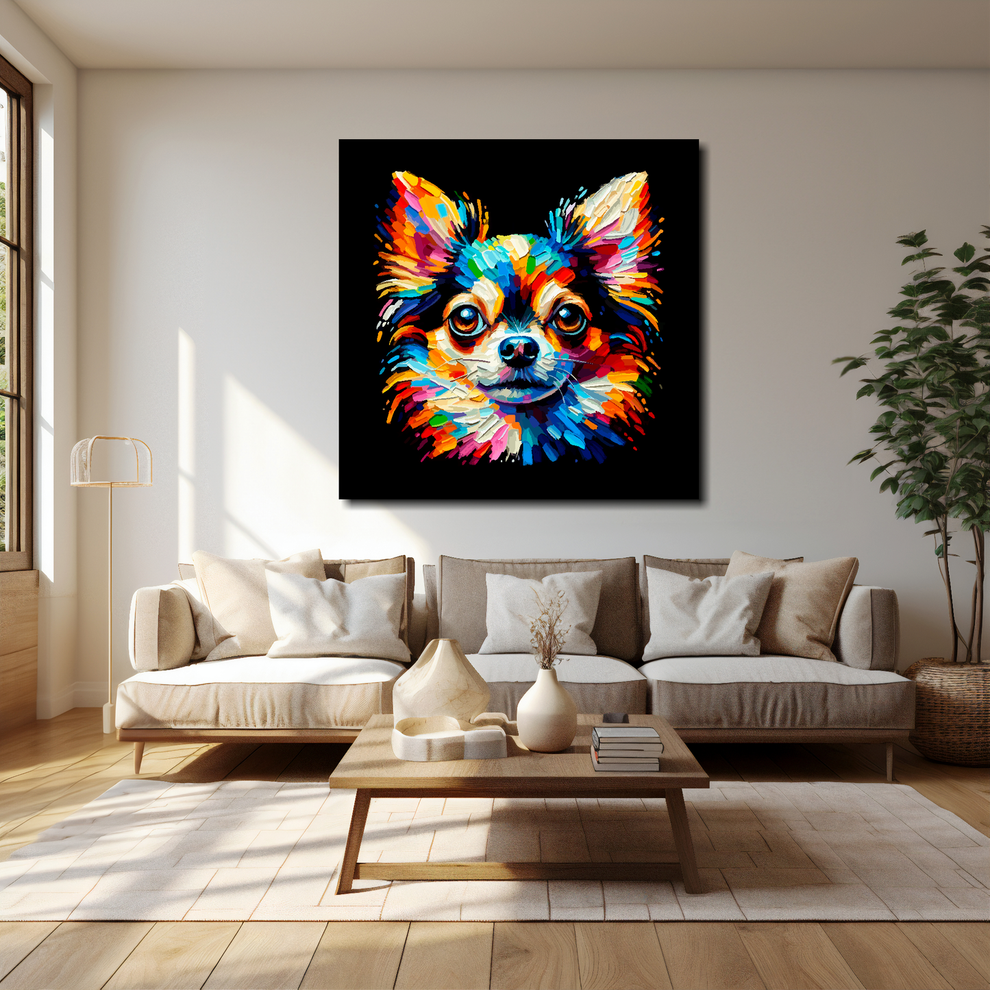 40 inch by 40 inch square canvas of a colourful Chihuahua head portrait on a black background. Mounted on a white wall above a cream sofa with decorative pillows.