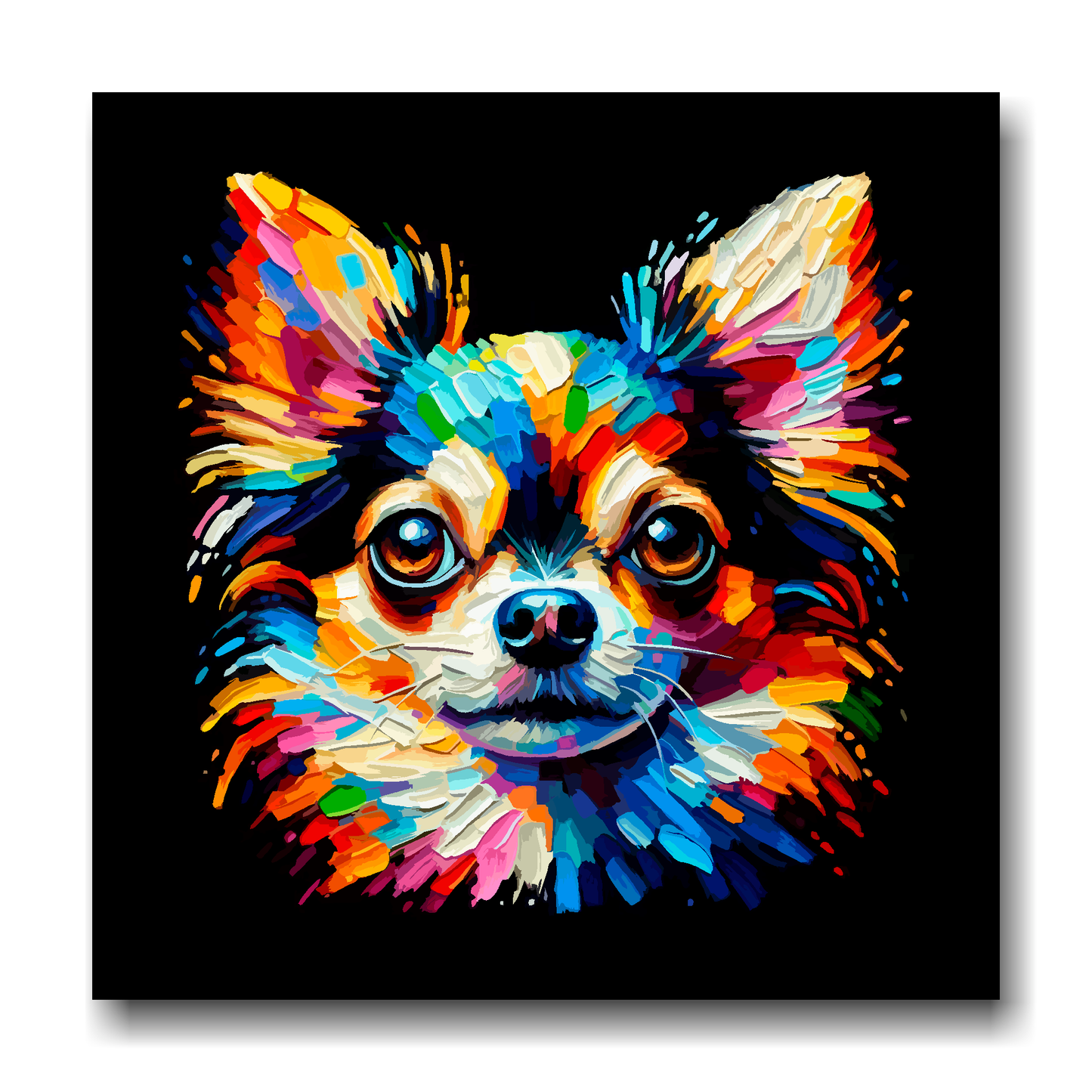 Large canvas wall art - A vibrant multi-coloured head portrait of a Chihuahua. Available in 3 large sizes.