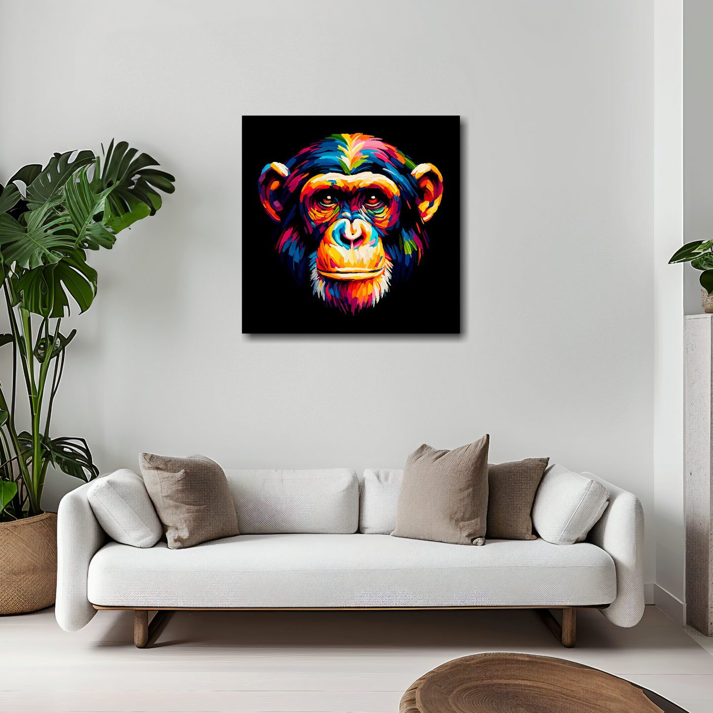 20 inch by 20 inch square canvas of a colourful Chimpanzee portrait on a black background. Mounted on a white wall above a white sofa with decorative pillows.