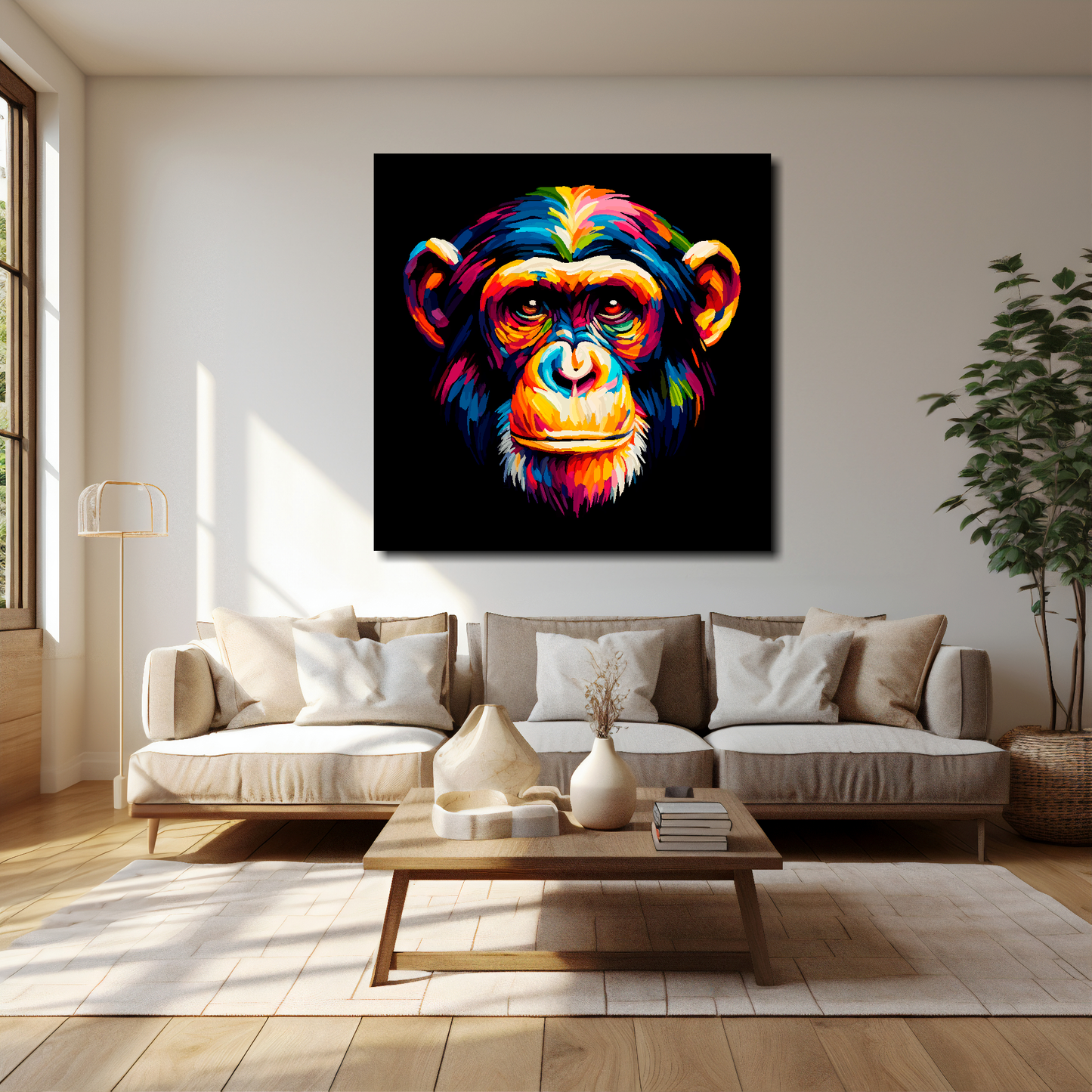 40 inch by 40 inch square canvas of a colourful Chimpanzee portrait on a black background. Mounted on a white wall above a cream sofa with decorative pillows.