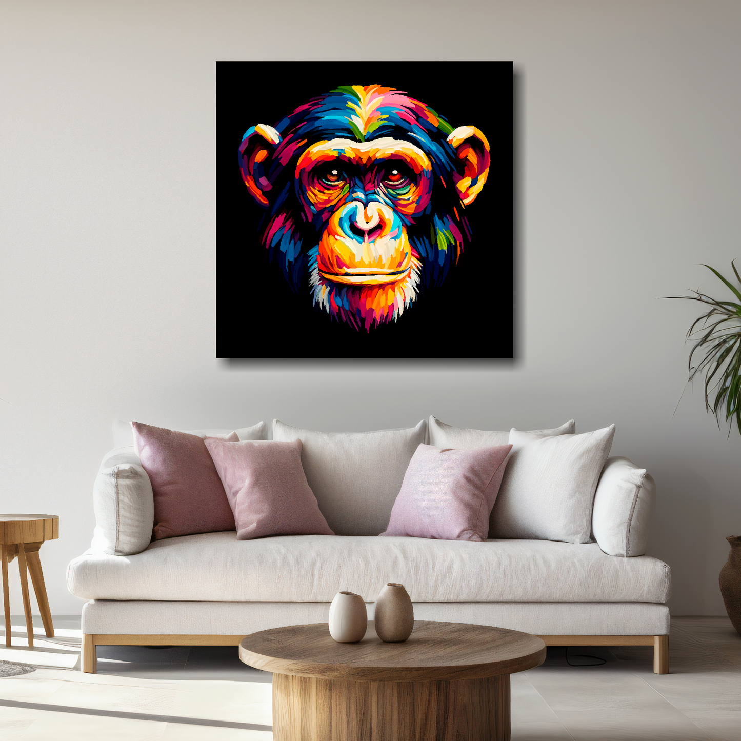Large canvas wall art - A vibrant multi-coloured head portrait of a Chimpanzee. Available in 3 large sizes.