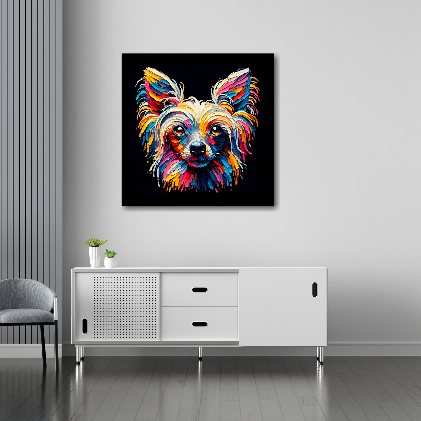 30 inch by 30 inch square canvas of a colourful Chinese Crested Dog head portrait on a black background. Mounted on a white wall above a white sideboard.
