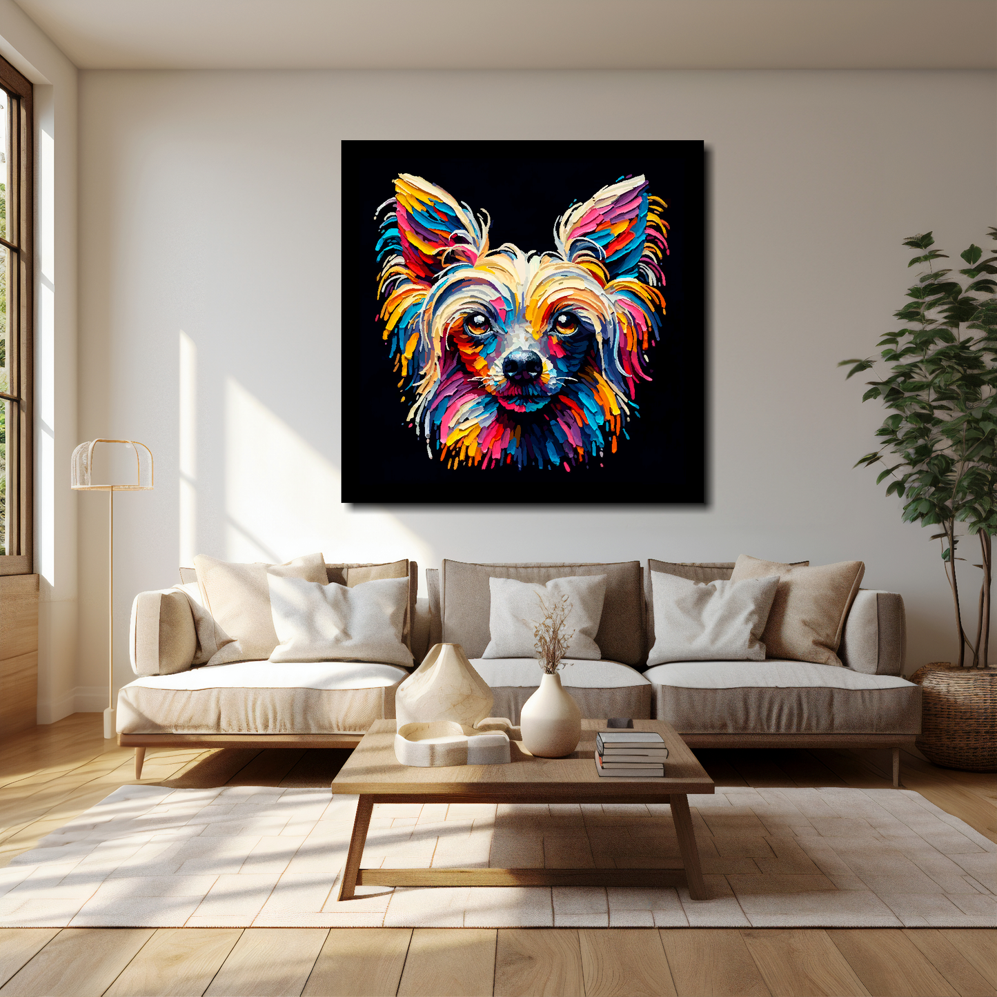 40 inch by 40 inch square canvas of a colourful Chinese Crested Dog head portrait on a black background. Mounted on a white wall above a cream sofa with decorative pillows.