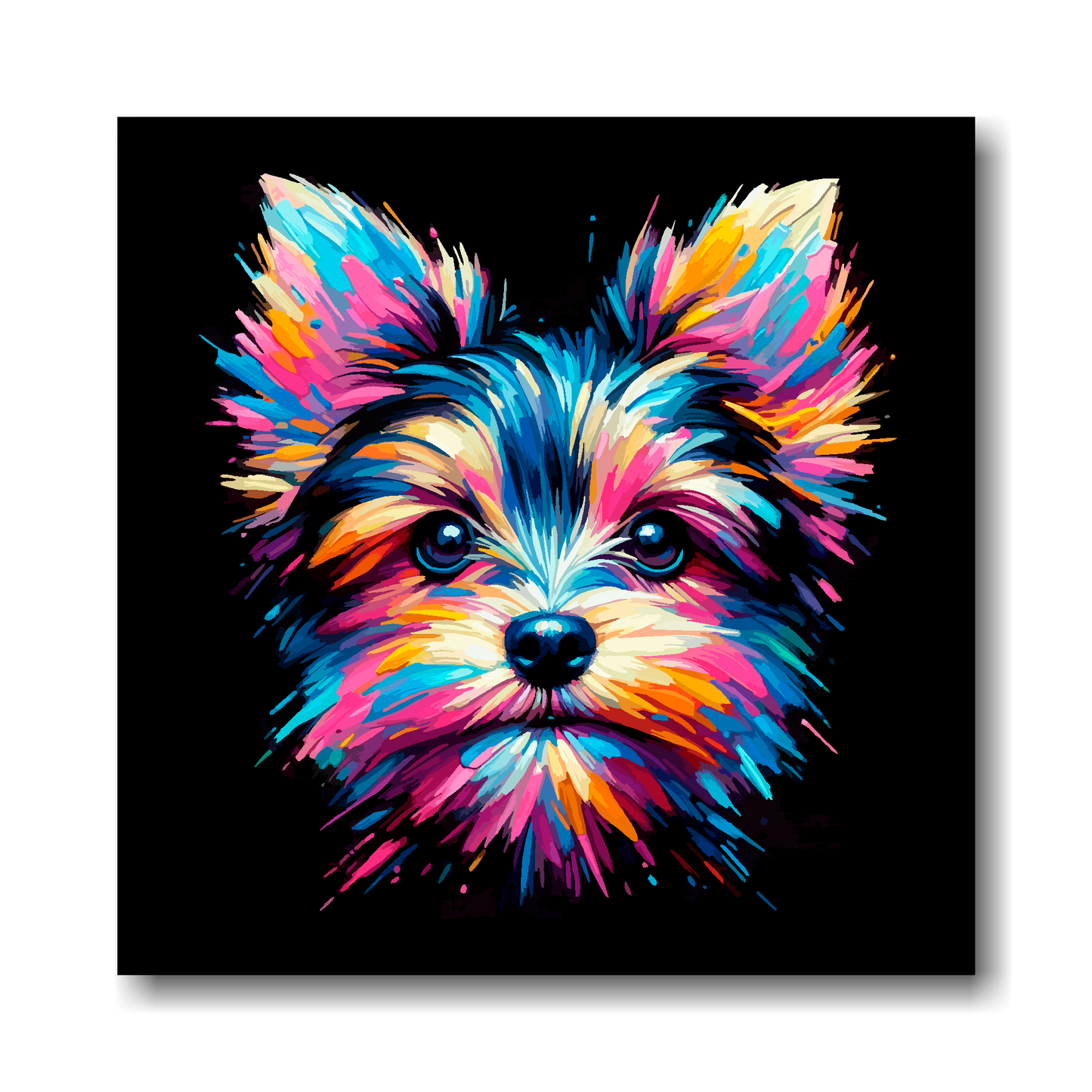 Colourful abstract painting of a Chorkie dog's face on a black background.