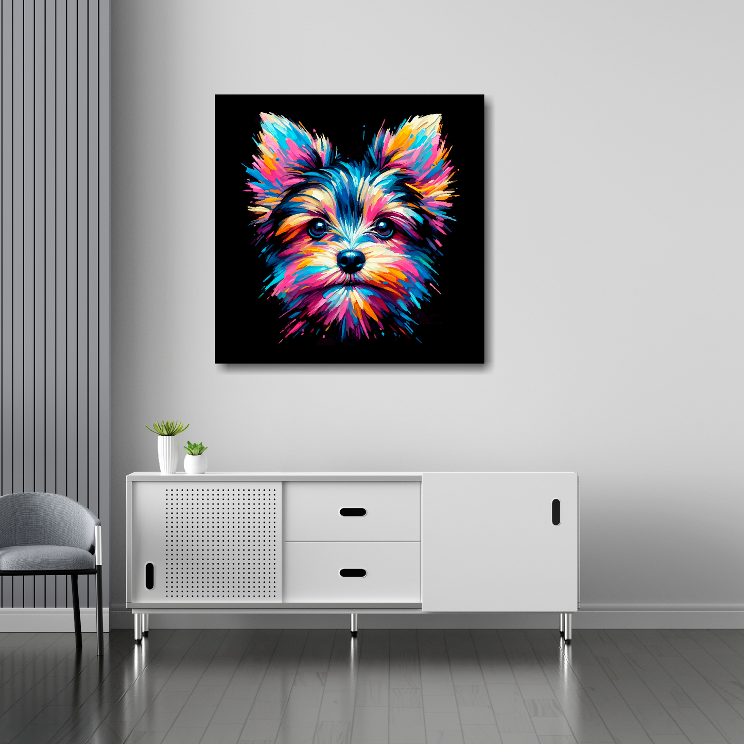 30 inch by 30 inch square canvas featuring a multi-coloured Chorkie dog portrait. Mounted on a white wall above a white sideboard.