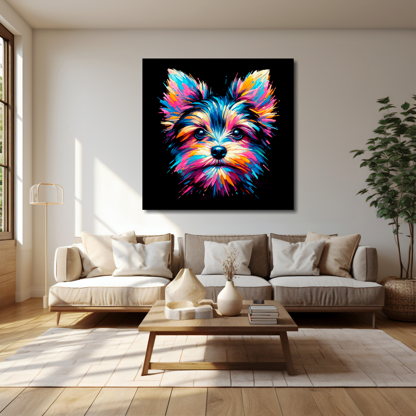 40 inch by 40 inch square canvas featuring a multi-coloured Chorkie dog portrait. Mounted on a cream wall above a cream sofa with decorative pillows.