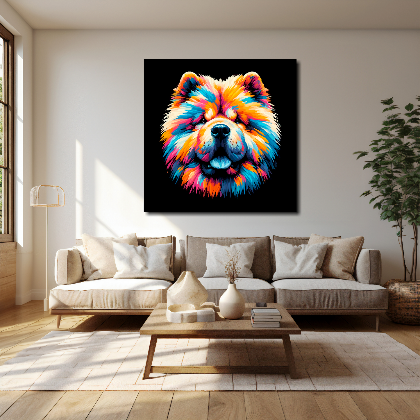 40 inch by 40 inch square canvas of a colourful Chow Chow Dog head portrait on a black background. Mounted on a white wall above a cream sofa with decorative pillows.