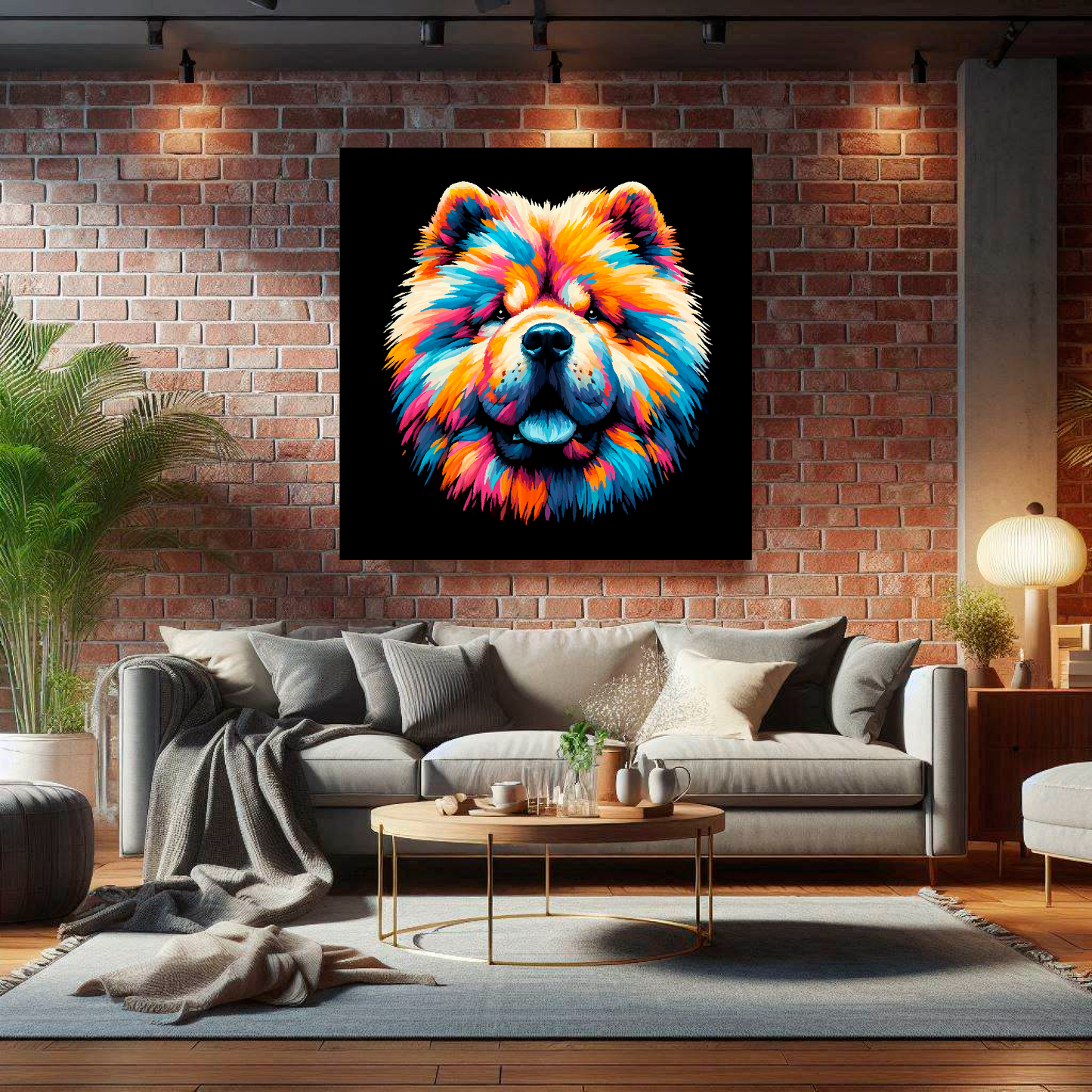 Large canvas wall art - A vibrant multi-coloured head portrait of a Chow Chow. Available in 3 large sizes.