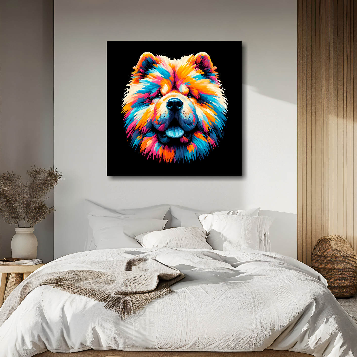 Large canvas wall art - A vibrant multi-coloured head portrait of a Chow Chow. Available in 3 large sizes.