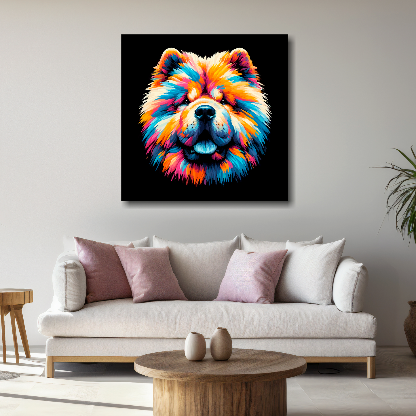 Large canvas wall art - A vibrant multi-coloured head portrait of a Chow Chow. Available in 3 large sizes.