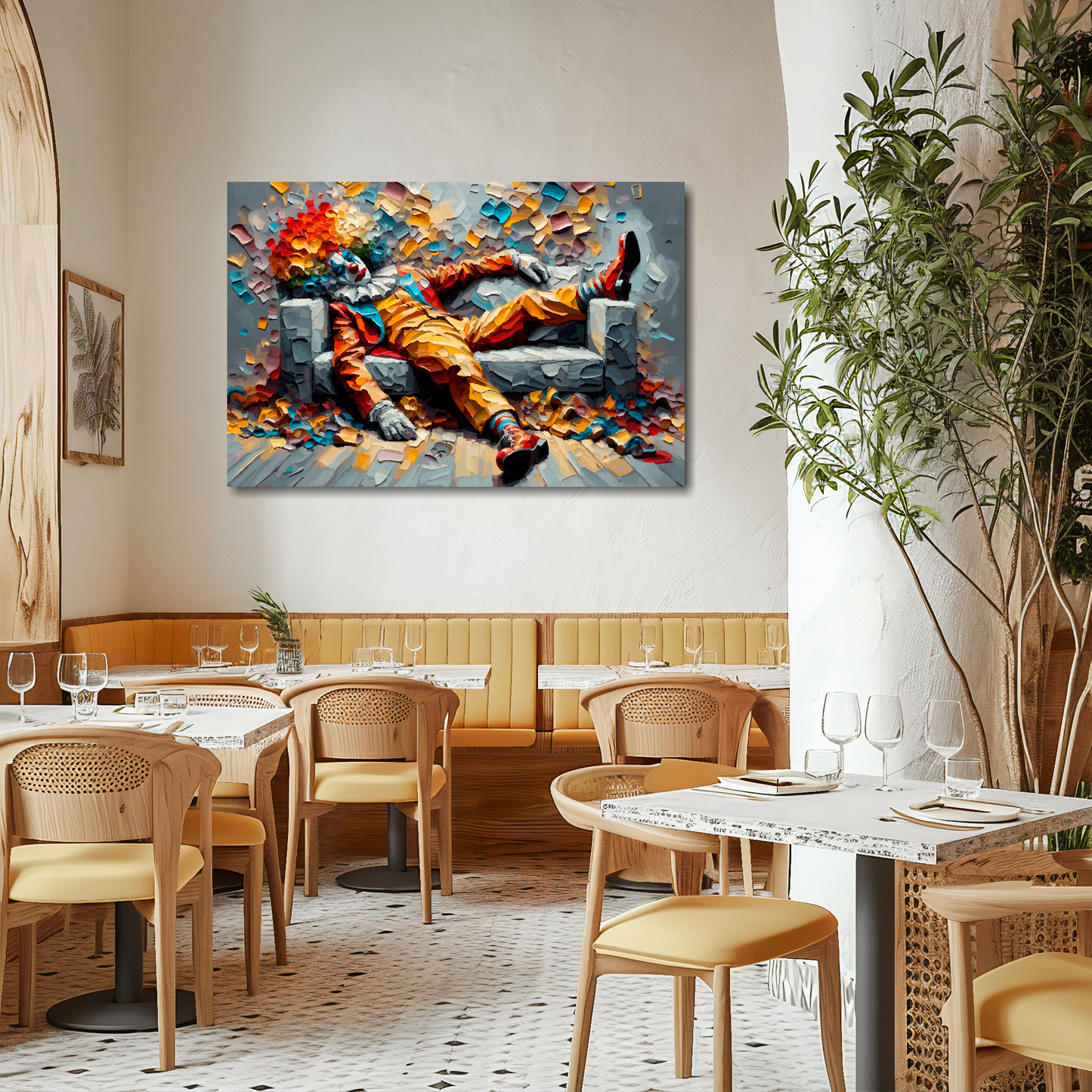 Large canvas wall art - A vibrant multi-coloured portrait of a tired clown on a sofa. Available in 3 large sizes.