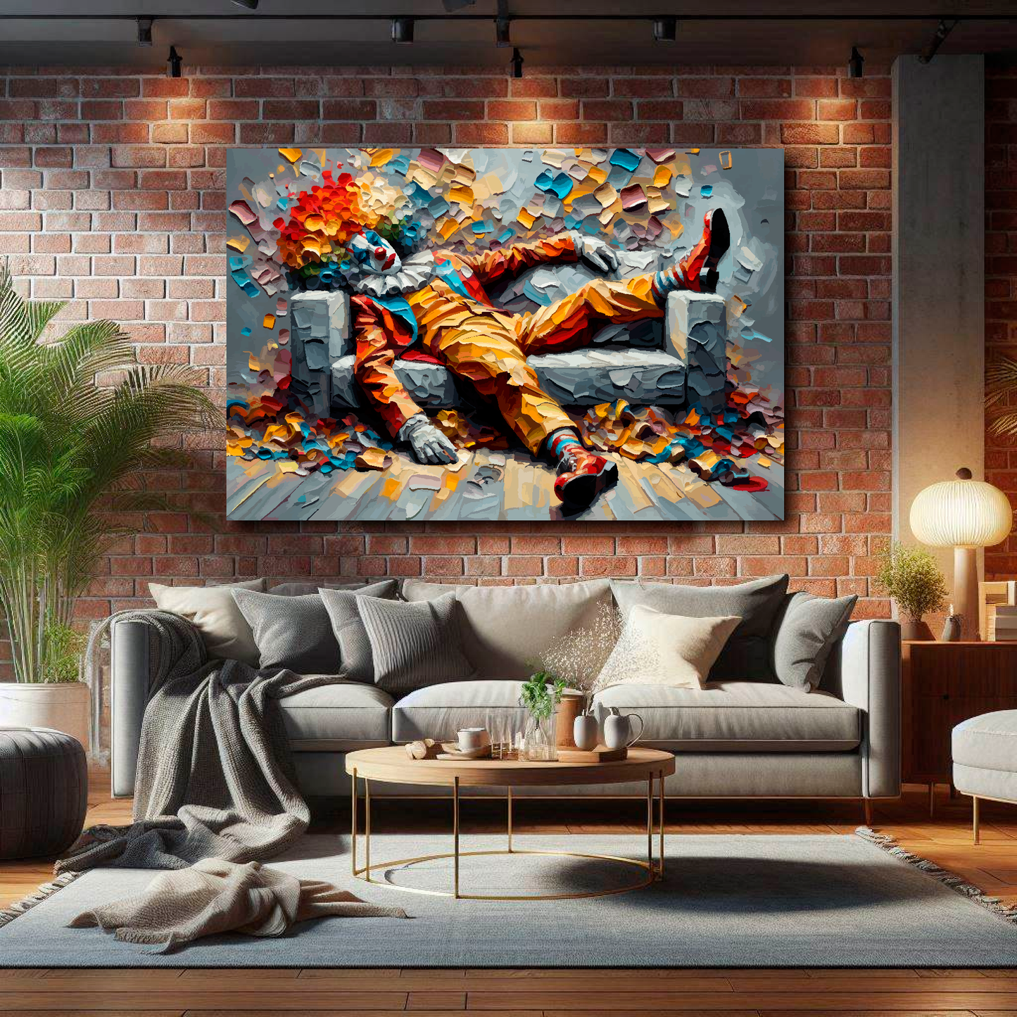 Large canvas wall art - A vibrant multi-coloured portrait of a tired clown on a sofa. Available in 3 large sizes.