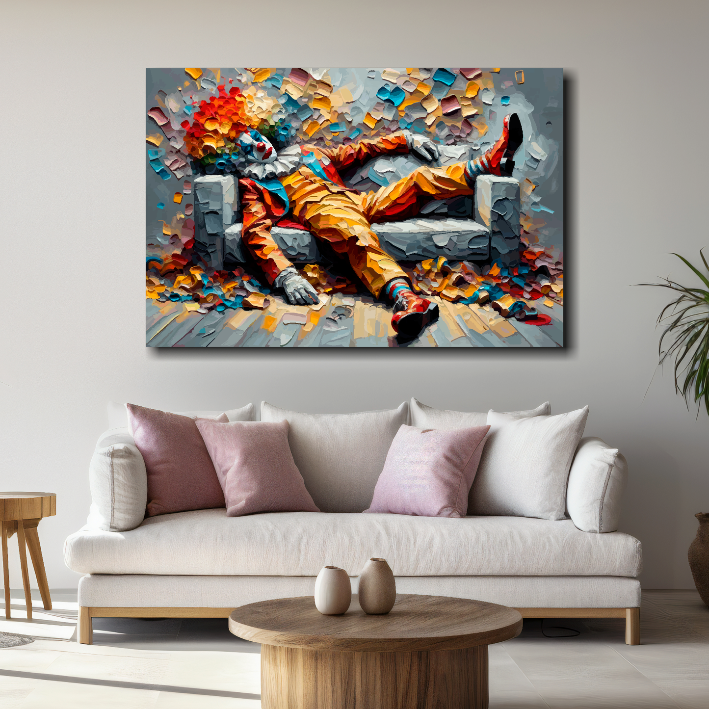 Large canvas wall art - A vibrant multi-coloured portrait of a tired clown on a sofa. Available in 3 large sizes.